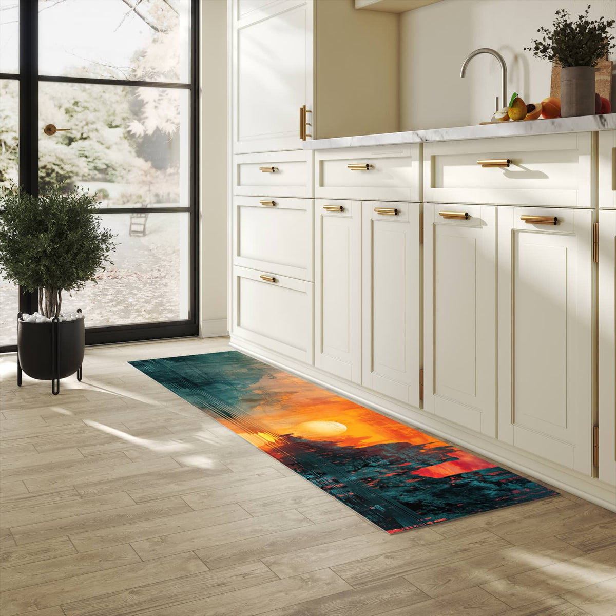 Bodenschonender Küchenteppich mit Motiv Sonnenuntergang Stadt in heller Küche