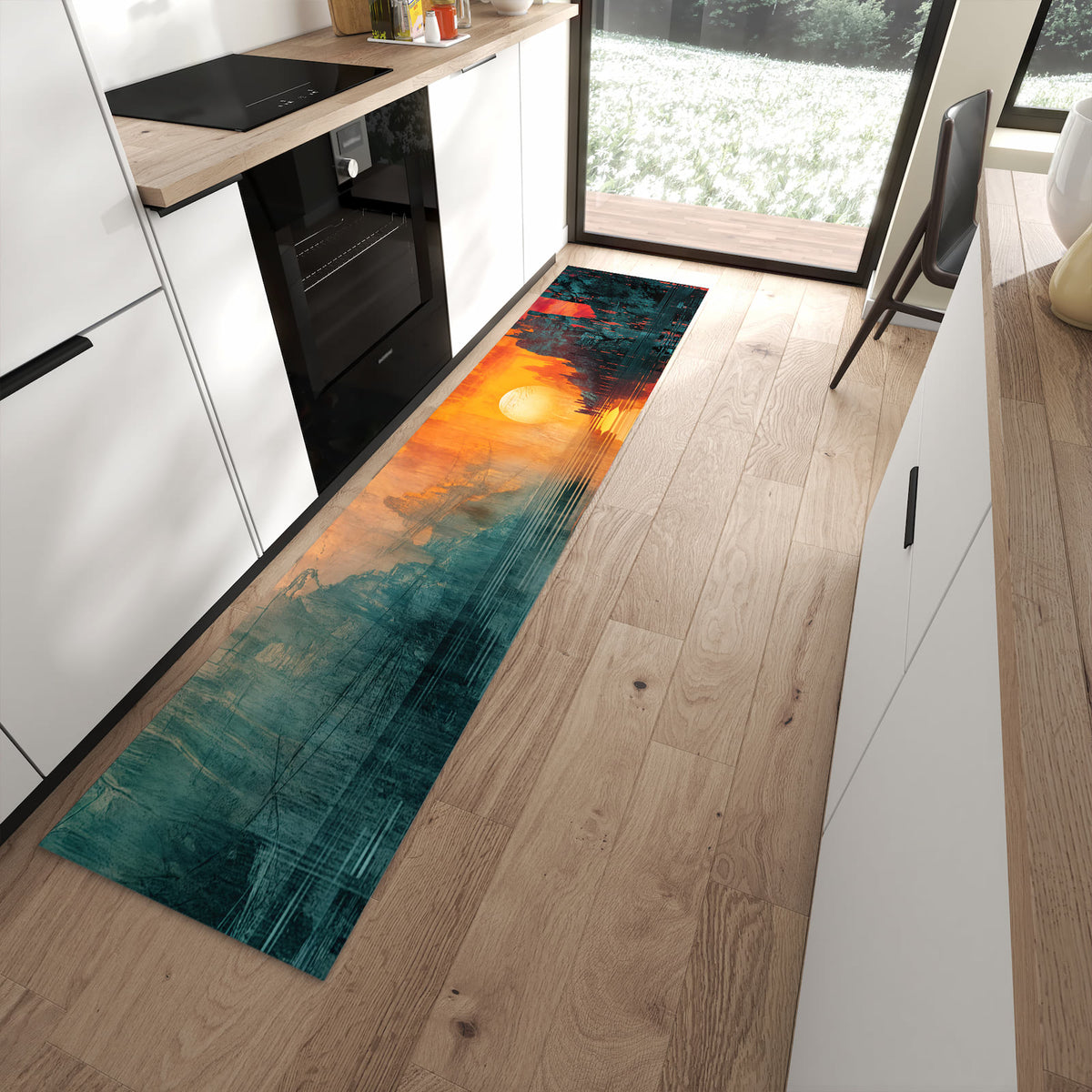 Bodenschonender Küchenteppich mit Motiv Sonnenuntergang Stadt in moderner Küche