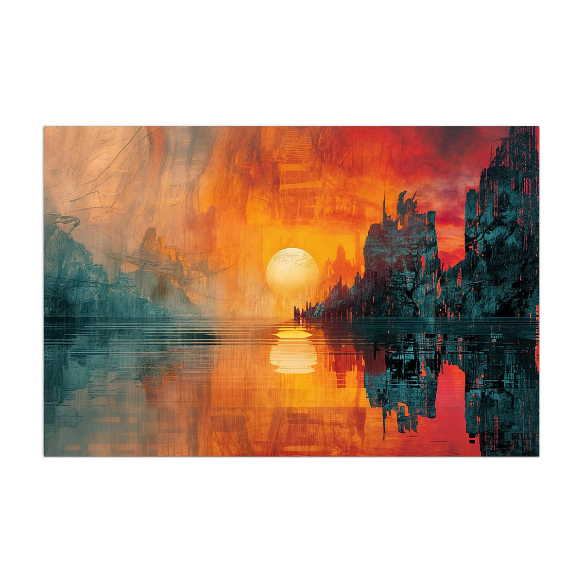 Küchenrückwand aus Glas Sonne zwischen Felsen im Hochformat, Motiv bildfüllend von vorn