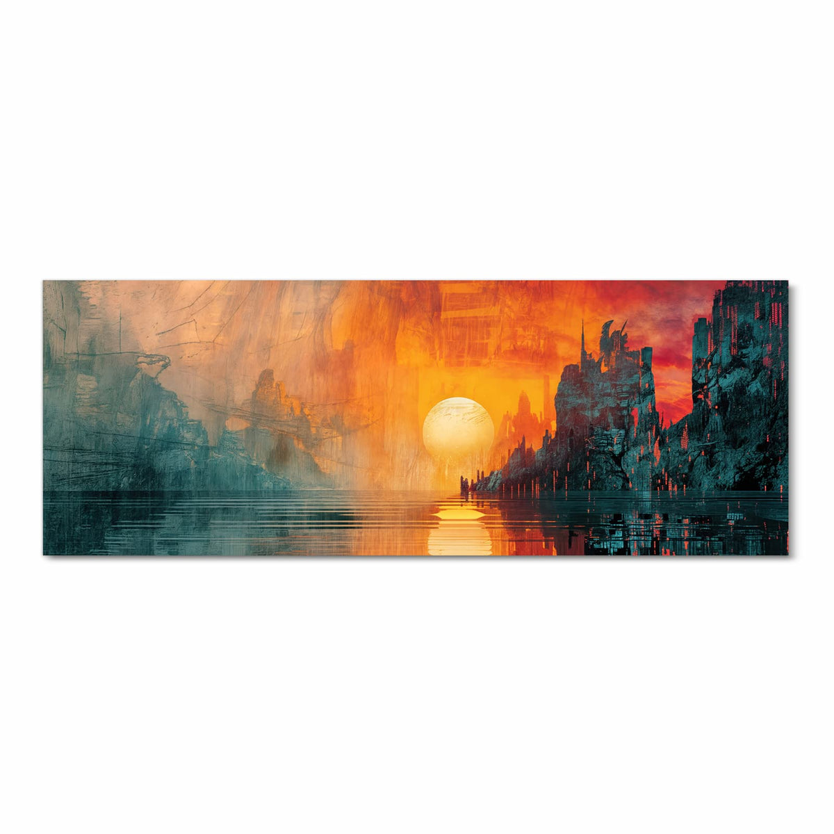 Rutschfester Küchenteppich mit Motiv Sonnenuntergang Stadt in Frontansicht, abwaschbar