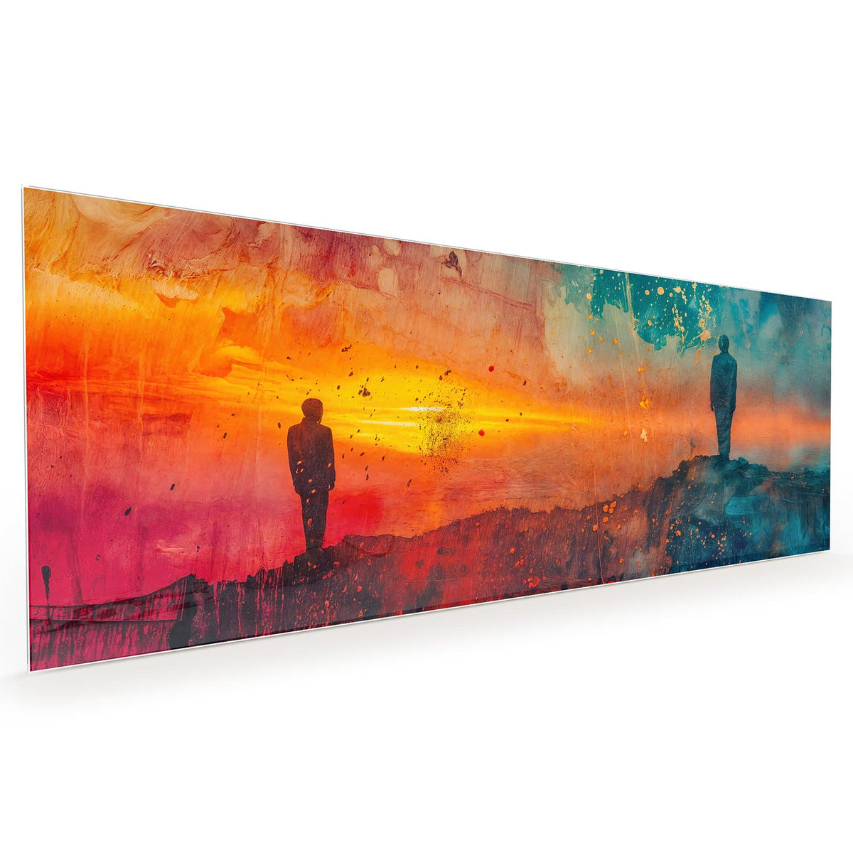 Küchenrückwand aus Glas im Hochformat: Eine einzelne Silhouette auf einem Felsen vor türkisem Himmel und orange glühendem Horizont über Wasser #grösse_40 x 100 cm #grösse_50 x 125 cm #grösse_60 x 150 cm