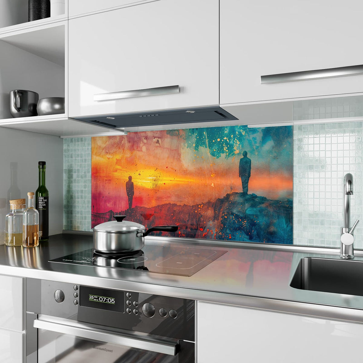 Küchenrückwand aus Glas Silhouette am Horizont im Hochformat als Spritzschutz hinter dem Kochfeld, über dem Fliesenspiegel montiert