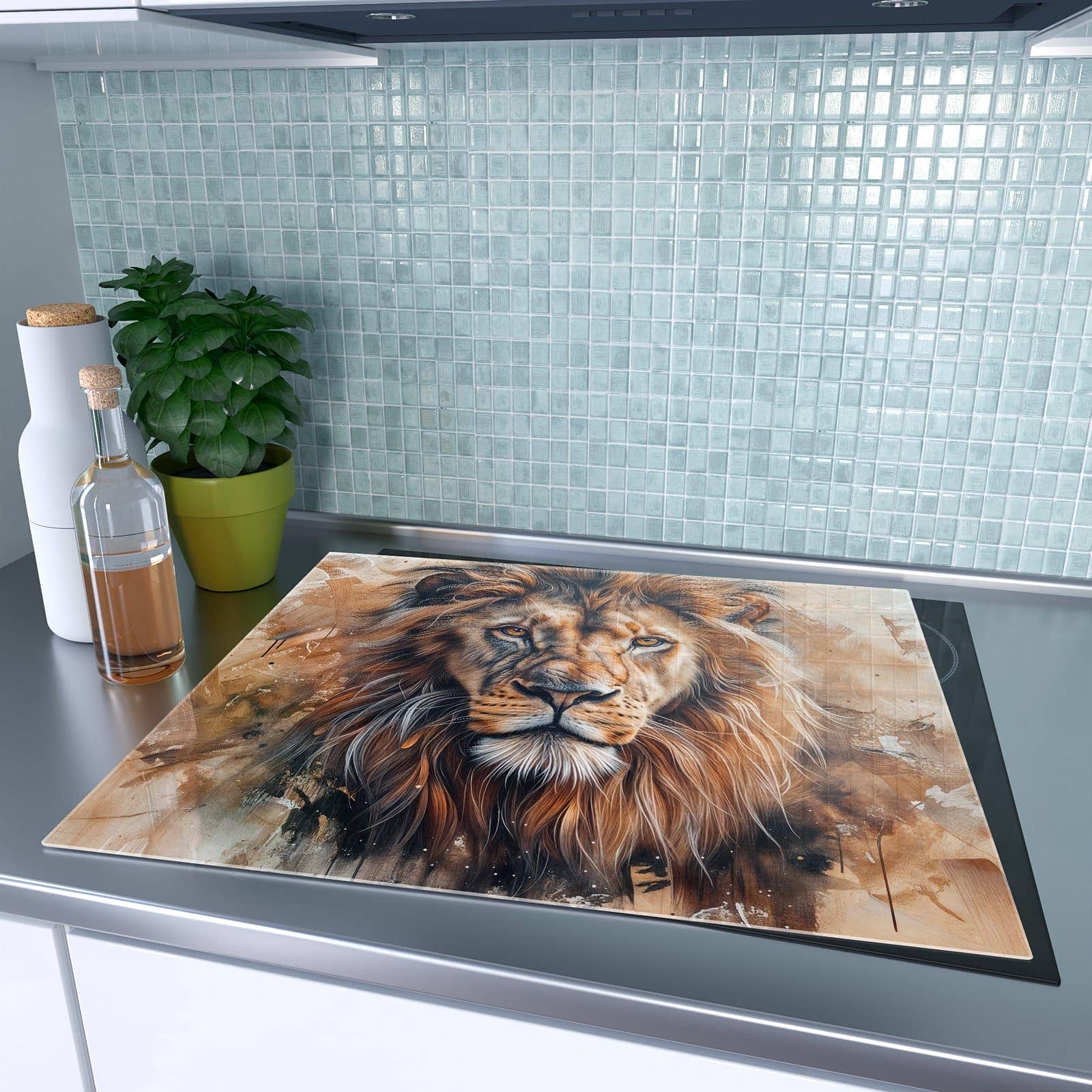 1-teilige Herdabdeckplatte mit Löwe Porträt-Motiv auf dem Ceranfeld