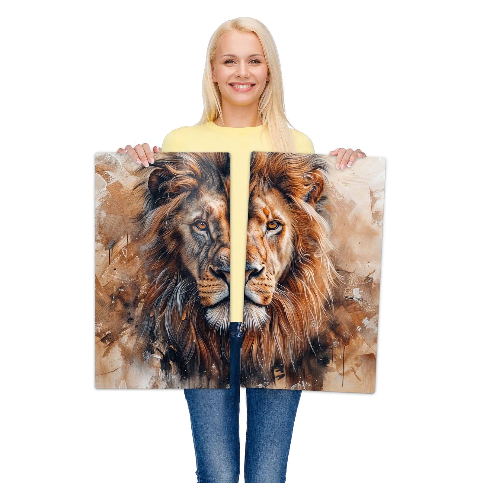 2-teilige Abdeckplatten für den Herd mit Löwe Porträt-Motiv wird zur Größendarstellung gehalten