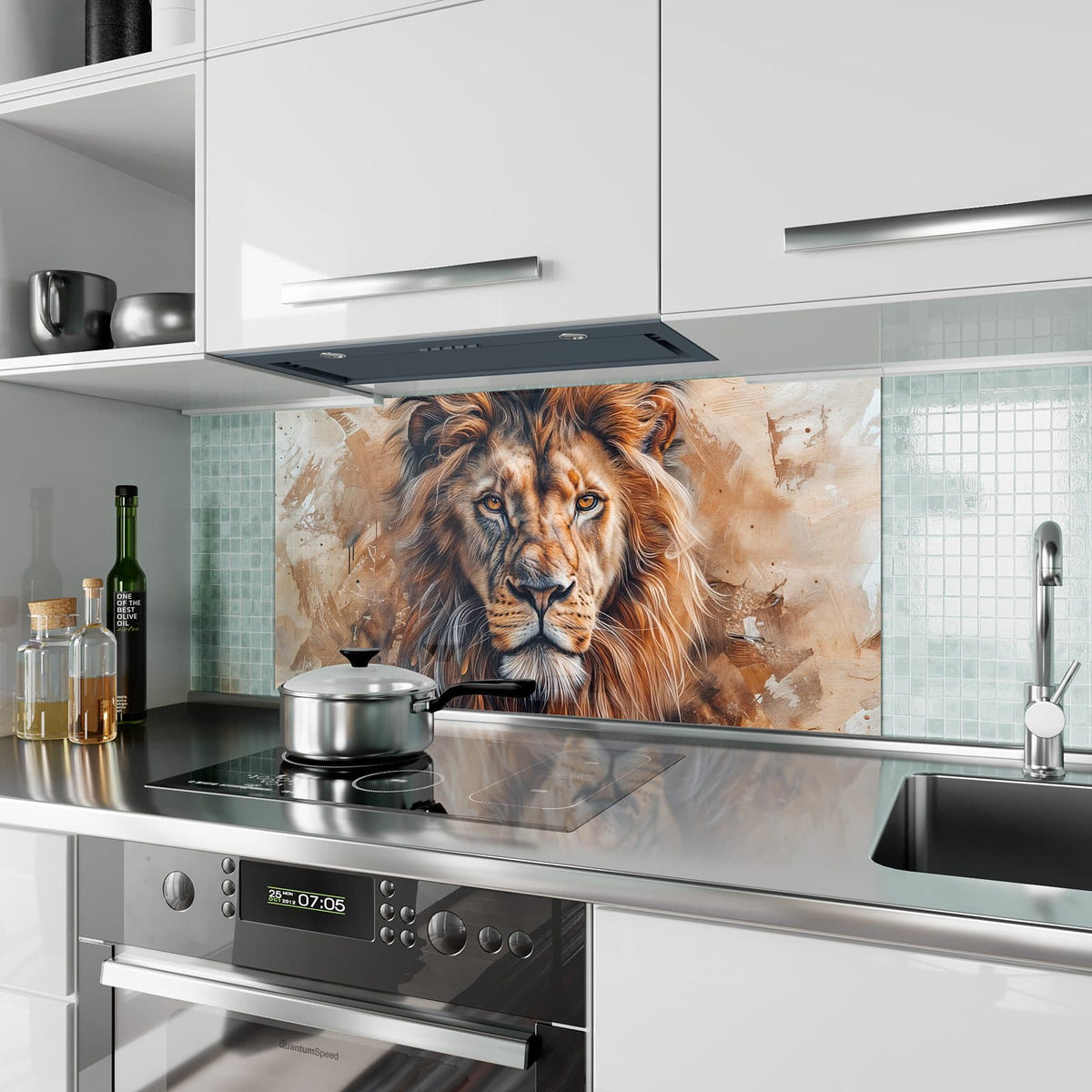 Küchenrückwand aus Glas Löwenporträt im Hochformat als Spritzschutz hinter dem Kochfeld, über dem Fliesenspiegel montiert