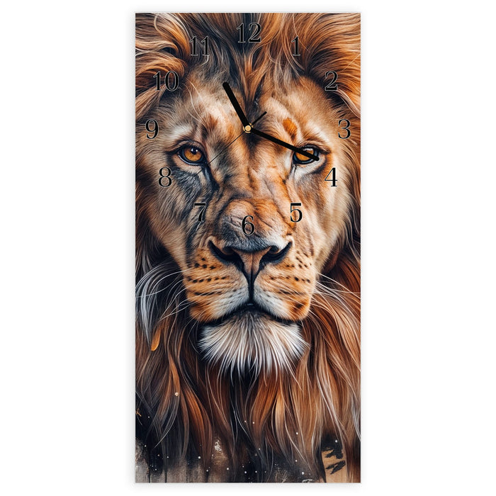 Wanduhr Löwe Porträt aus Glas – Hochformat 30 × 60 cm mit Ziffernblatt Klassisch