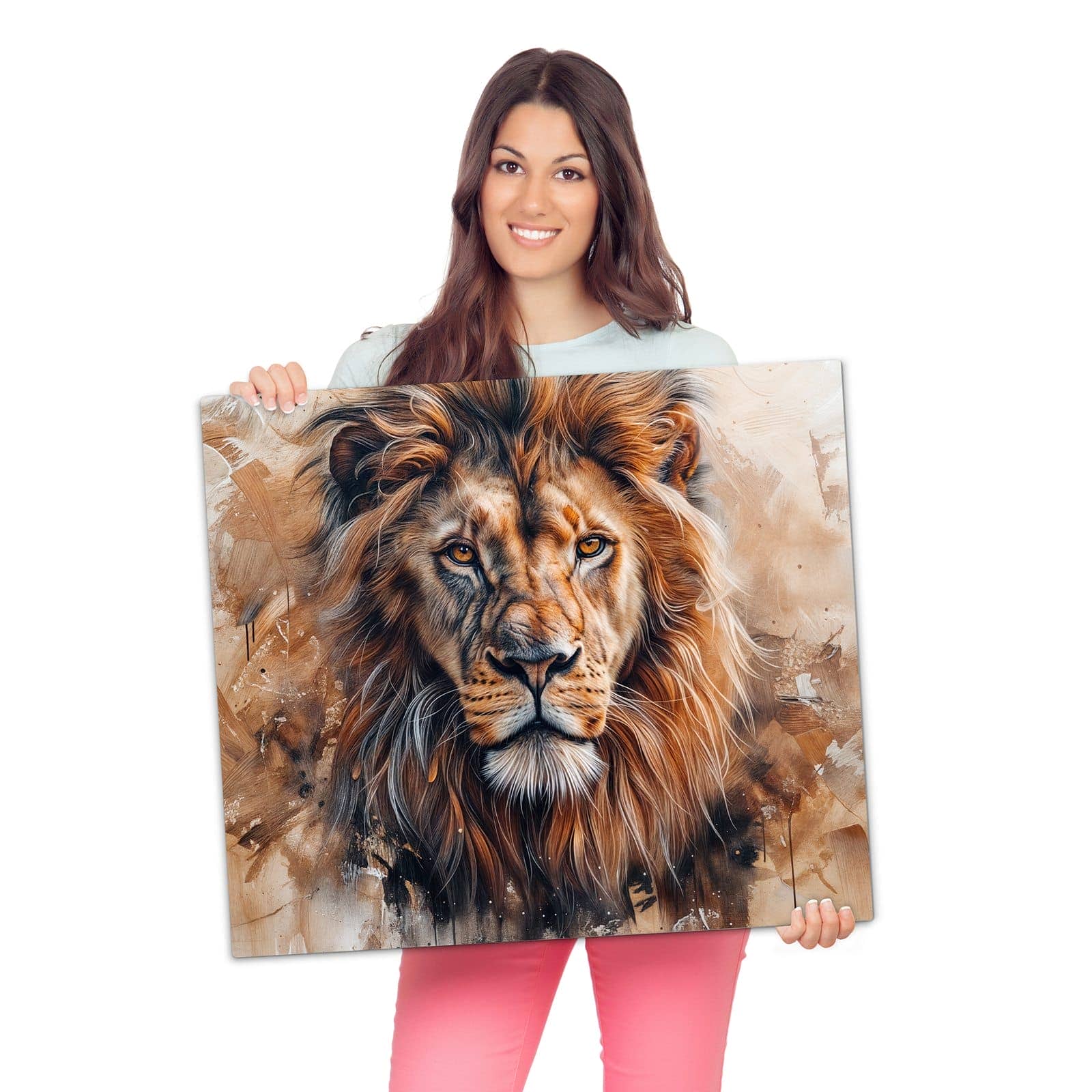 Herdabdeckplatte mit Löwe Porträt-Motiv wird zur Größendarstellung gehalten