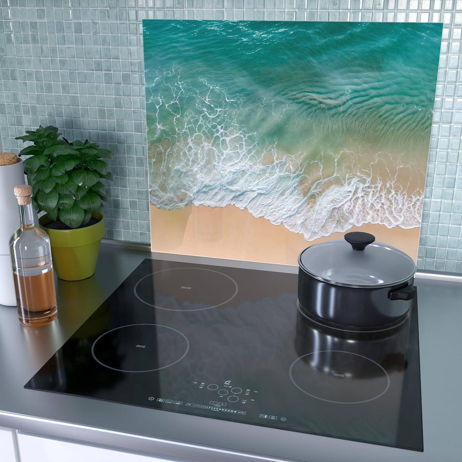 1-teilige Herdabdeckplatten für Ceranfeld mit Stille Meereswellen-Motiv als Spritzschutz hinter dem Kochfeld