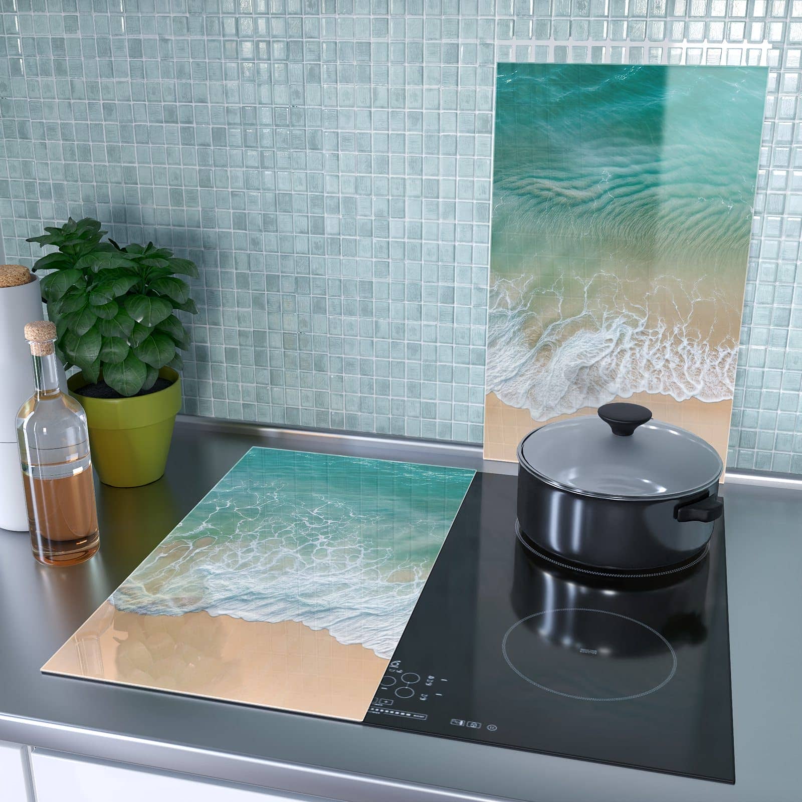 2-teilige Herdabdeckplatten aus Glas mit Stille Meereswellen-Motiv als Spritzschutz hinter dem Kochfeld