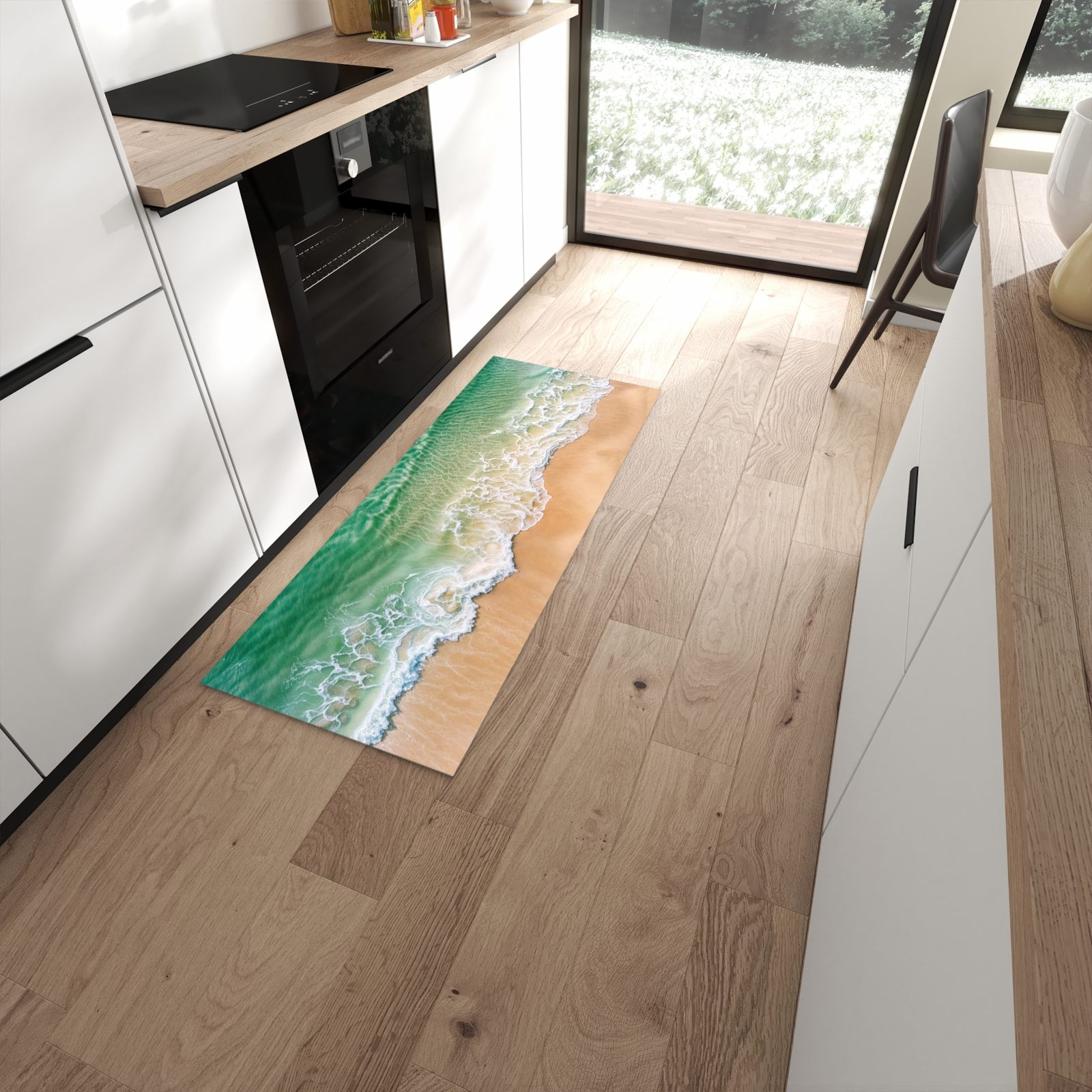 Feuchtigkeitsresistenter waschbarer Küchenläufer mit Motiv Warme Meereswellen in moderner Küche #grösse_60 x 150 cm