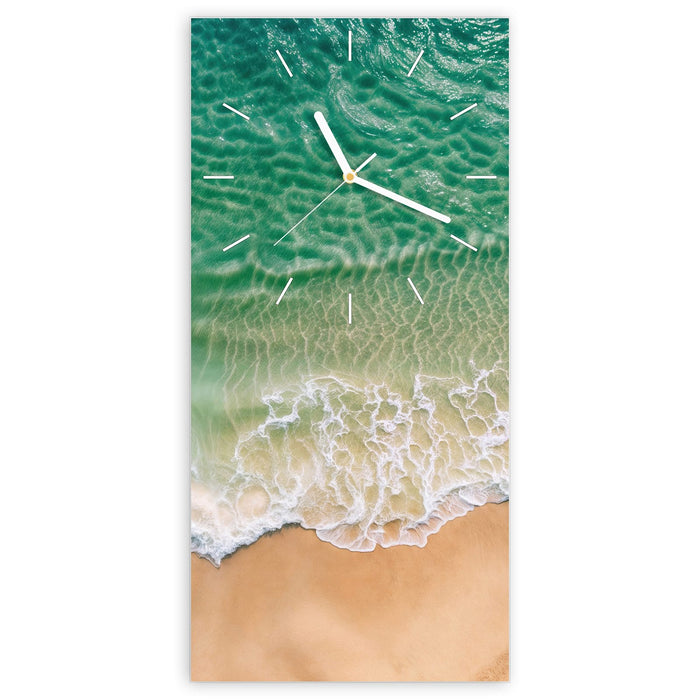 Wanduhr Warme Meereswellen aus Glas – Hochformat 30 × 60 cm mit Ziffernblatt Linie