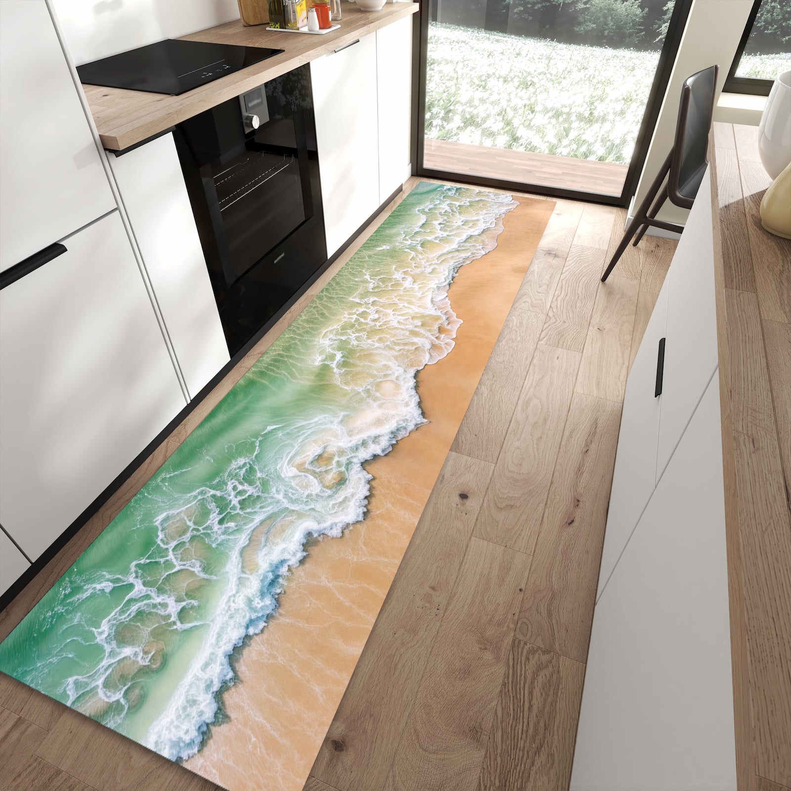Abriebfester rutschfester Küchenteppich mit Motiv Warme Meereswellen in moderner Küche