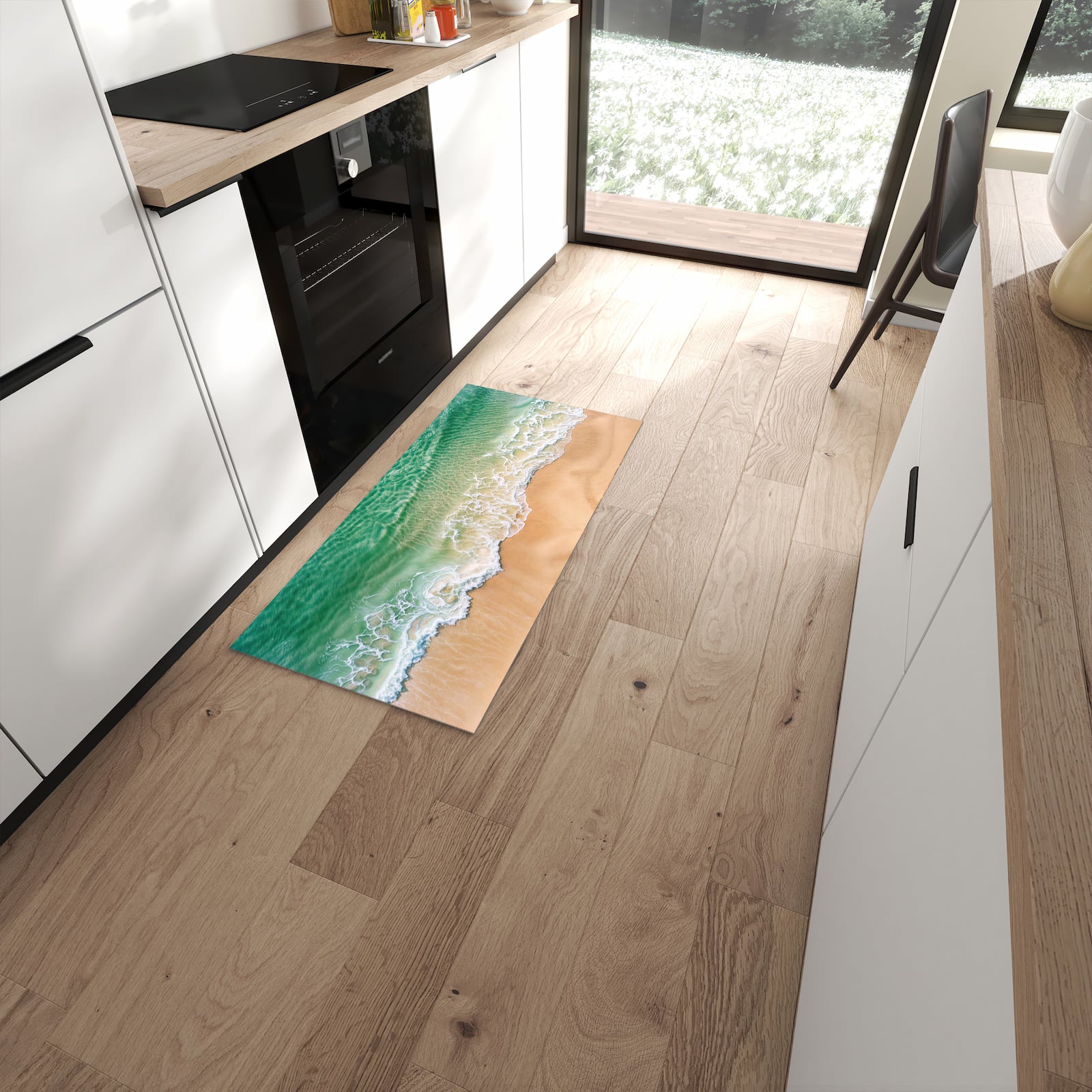 Rutschfester waschbarer Küchenläufer mit Motiv Warme Meereswellen in moderner Küche #grösse_60 x 120 cm