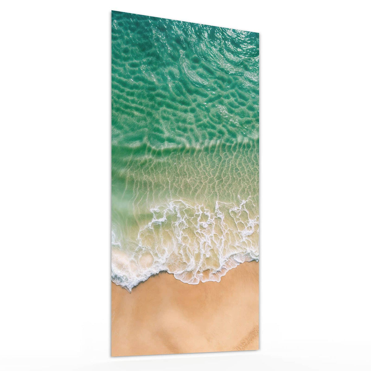 Wandbild aus Glas Türkis auf goldenem Sand schräg von der Seite, 4 mm starkes Echtglas #grösse_30 x 60 cm #grösse_40 x 80 cm #grösse_50 x 100 cm #grösse_55 x 110 cm #grösse_60 x 120 cm