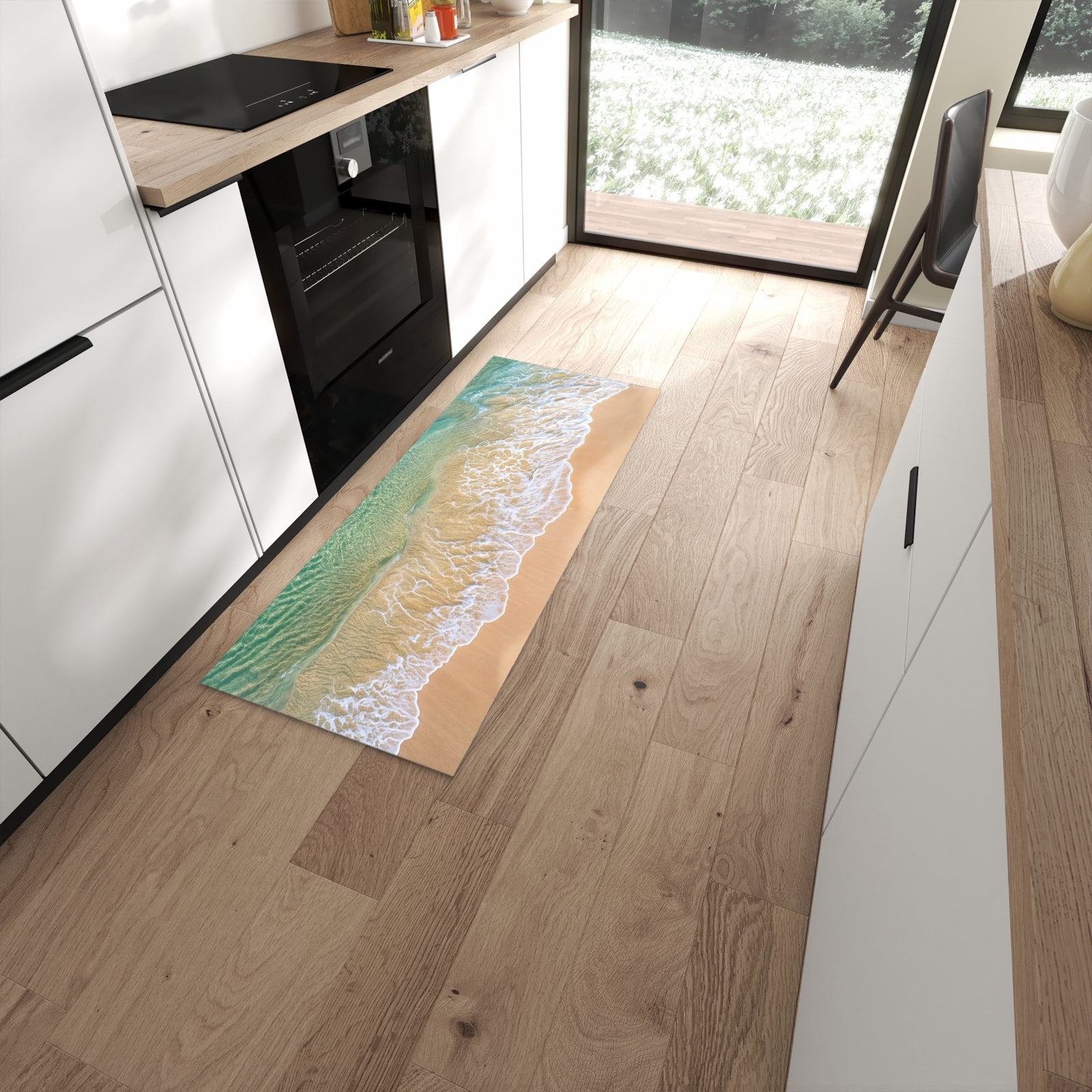 Geruchsneutraler Küchenteppich mit Motiv Strandwellen in moderner Küche #grösse_60 x 150 cm
