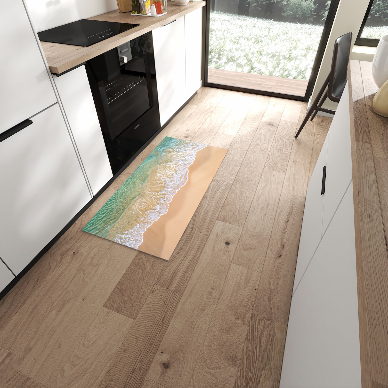 Schmutzabweisender Teppich für die Küche mit Motiv Strandwellen in moderner Küche #grösse_60 x 120 cm