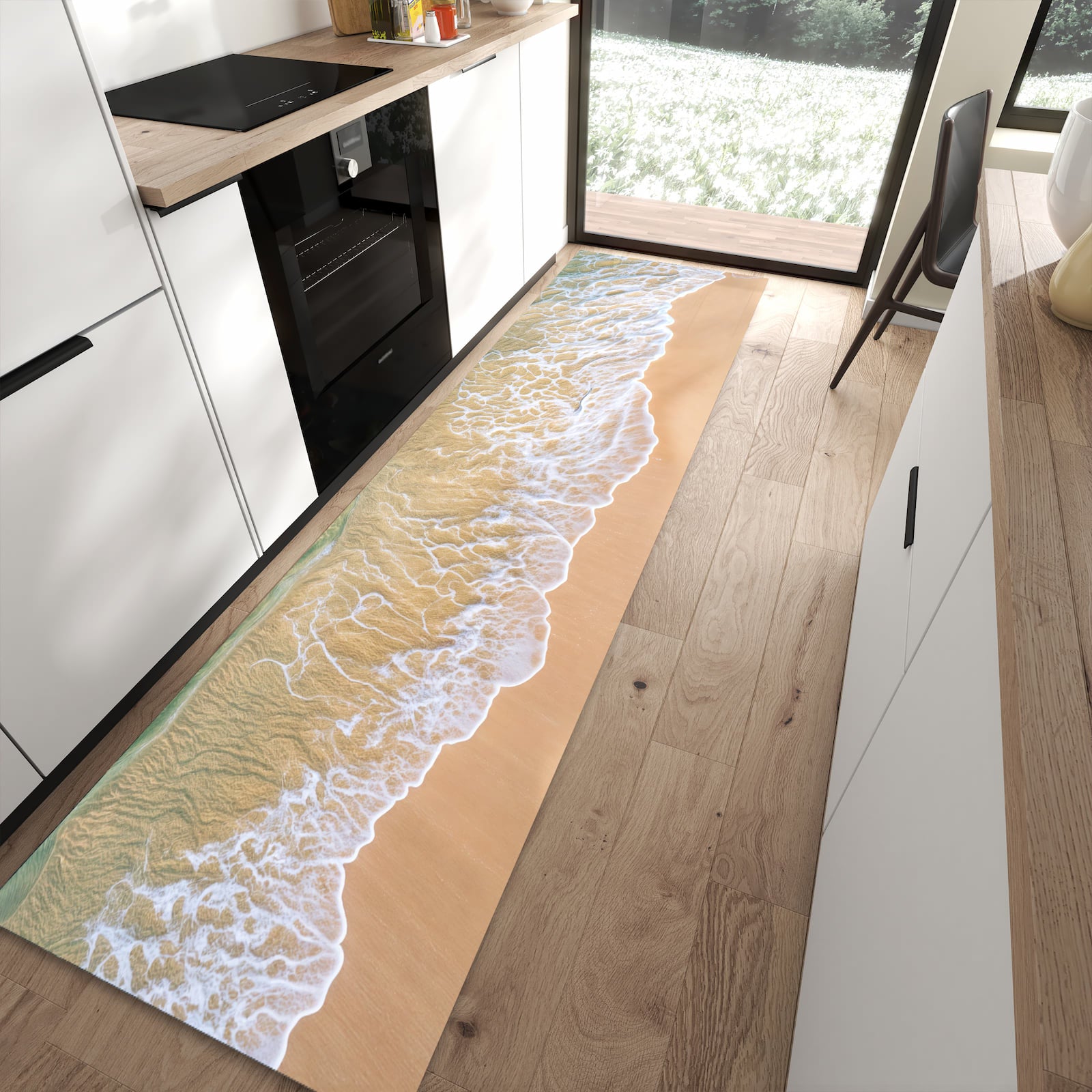 Strapazierfähiger Küchenläufer mit Motiv Strandwellen in moderner Küche