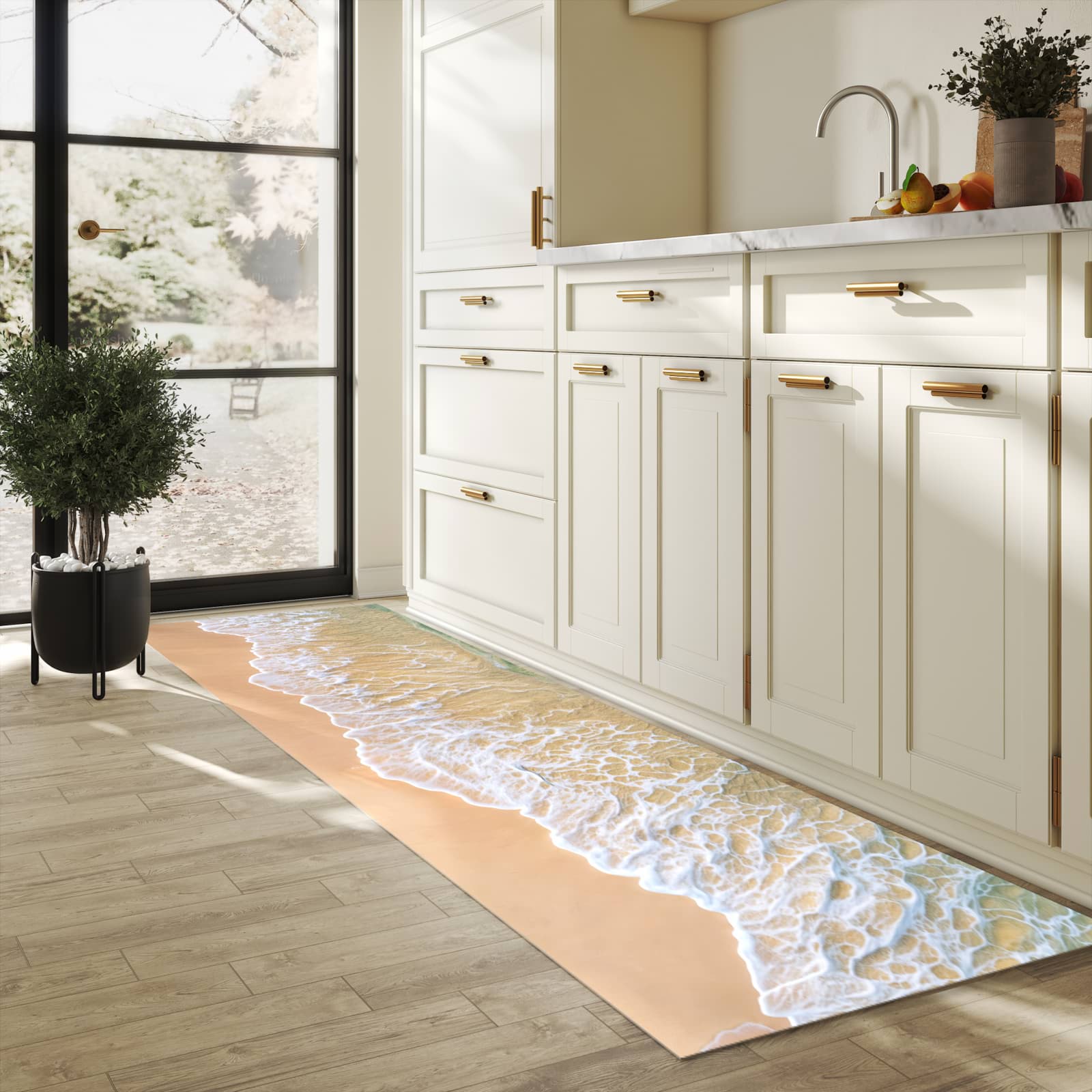 Pflegeleichter Küchenläufer mit Motiv Strandwellen in heller Küche