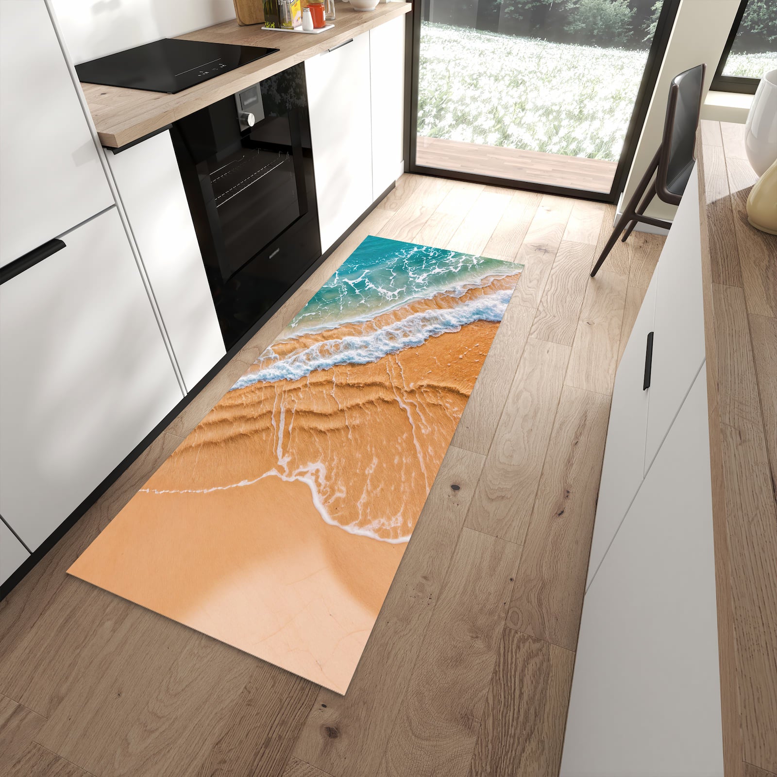 Geräuschdämpfender abwaschbarer Küchenläufer mit Motiv am und Wellen in moderner Küche
