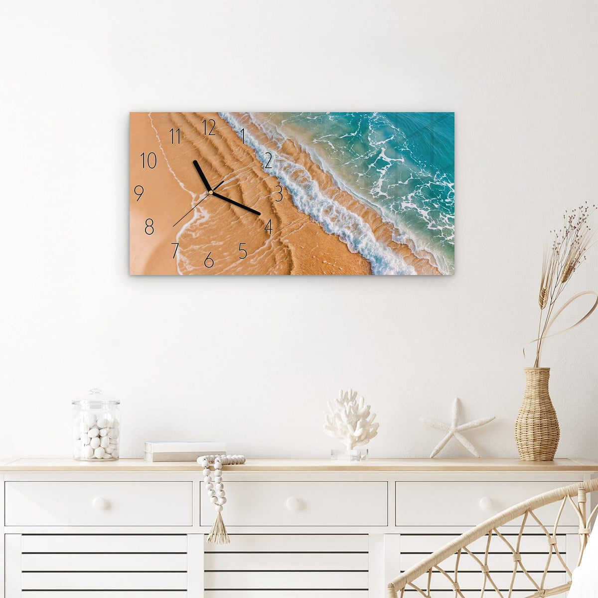Wanduhr am und Wellen aus Glas – Querformat 60 × 30 cm – Brechende Wellen aus Vogelperspektive