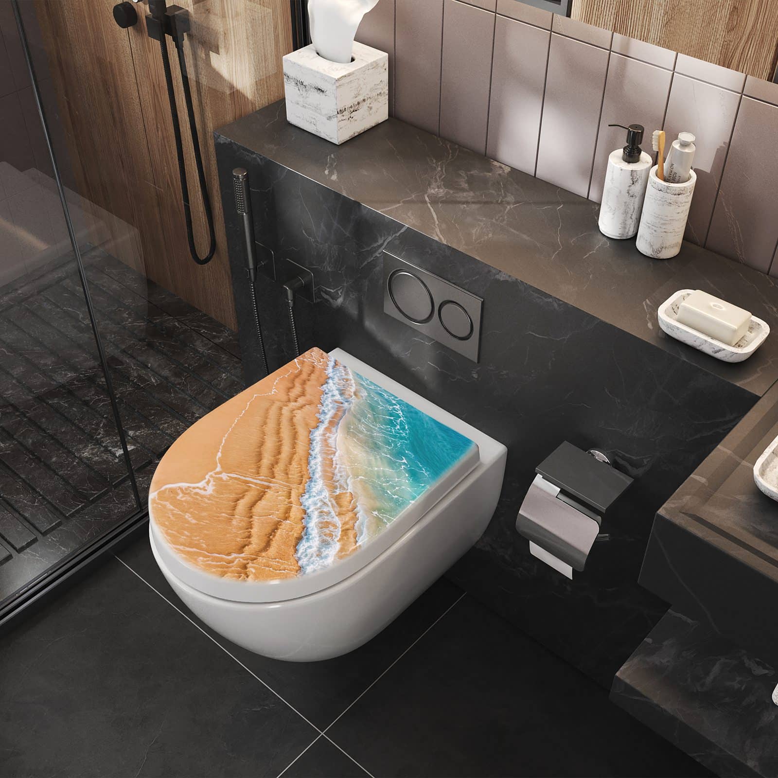 WC-Sitz mit Absenkautomatik am und Wellen