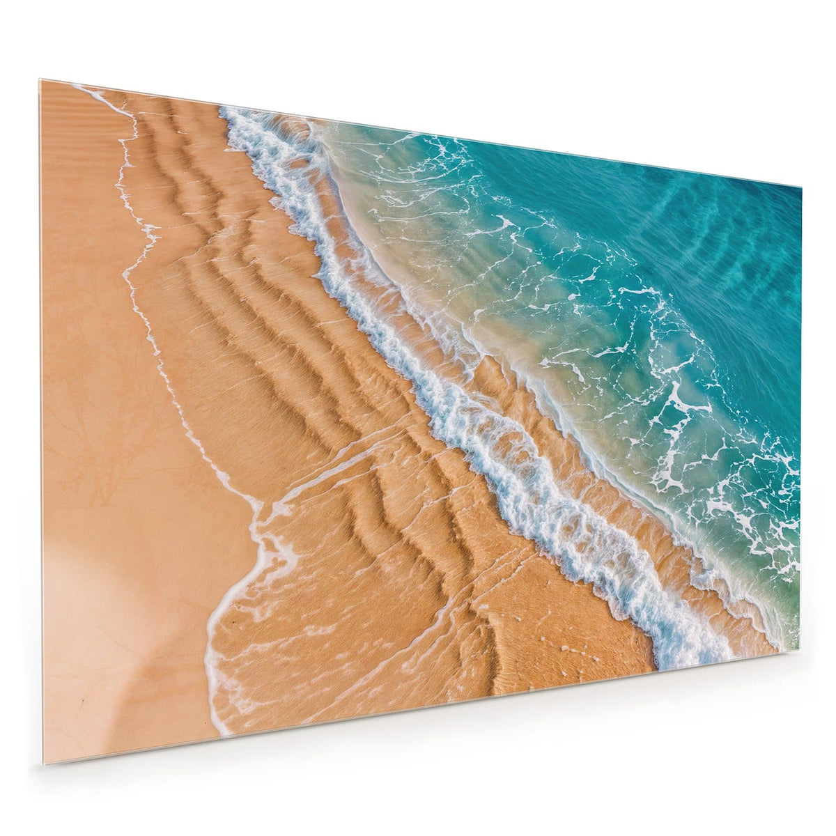 Küchenrückwand aus Glas im Hochformat mit Motiv Sandrippen am Ufer: Luftbild: gerippter oranger Sand mit feinen Schaumlinien, oben rechts türkises Wasser
