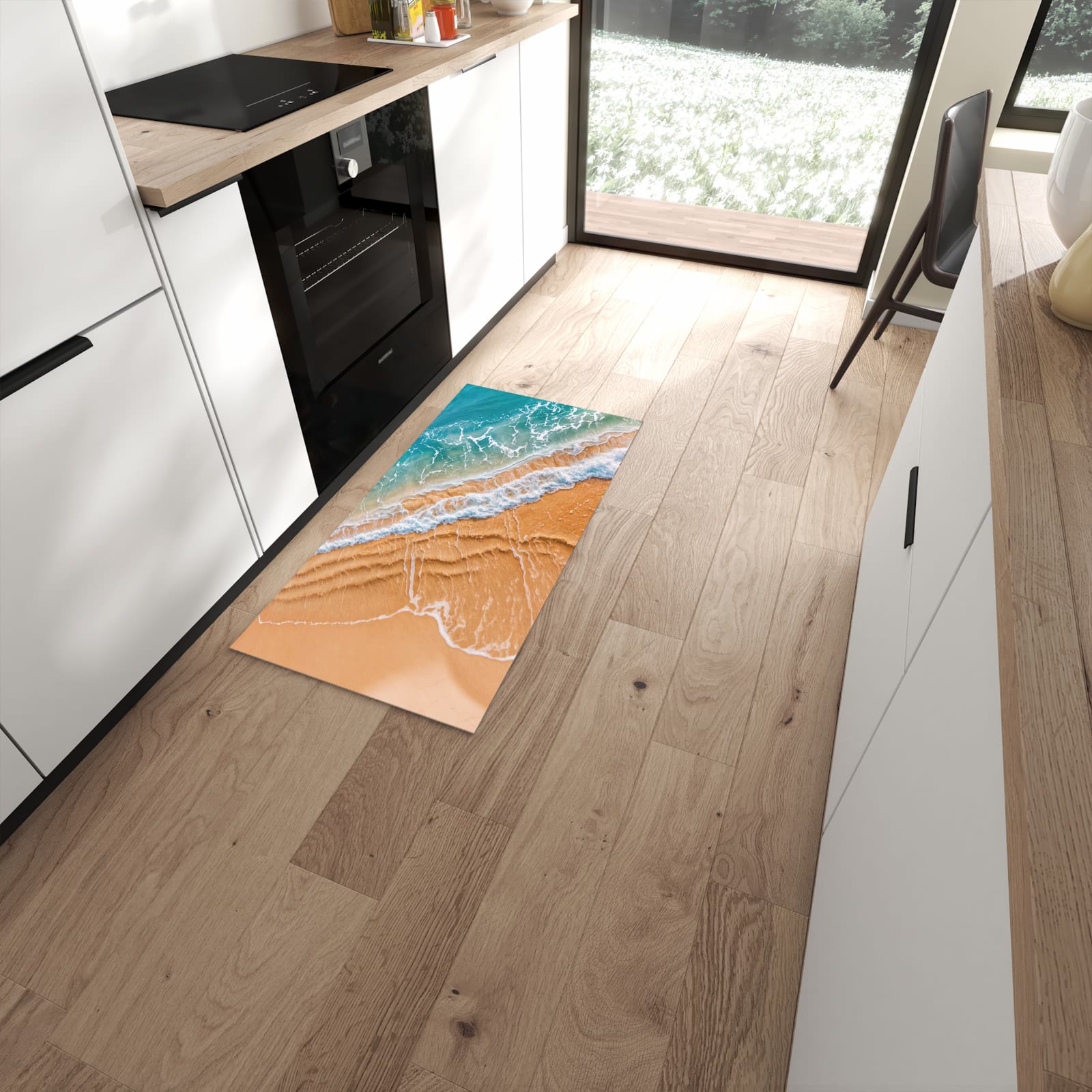 Bodenschonender rutschfester Küchenläufer mit Motiv am und Wellen in moderner Küche #grösse_60 x 120 cm