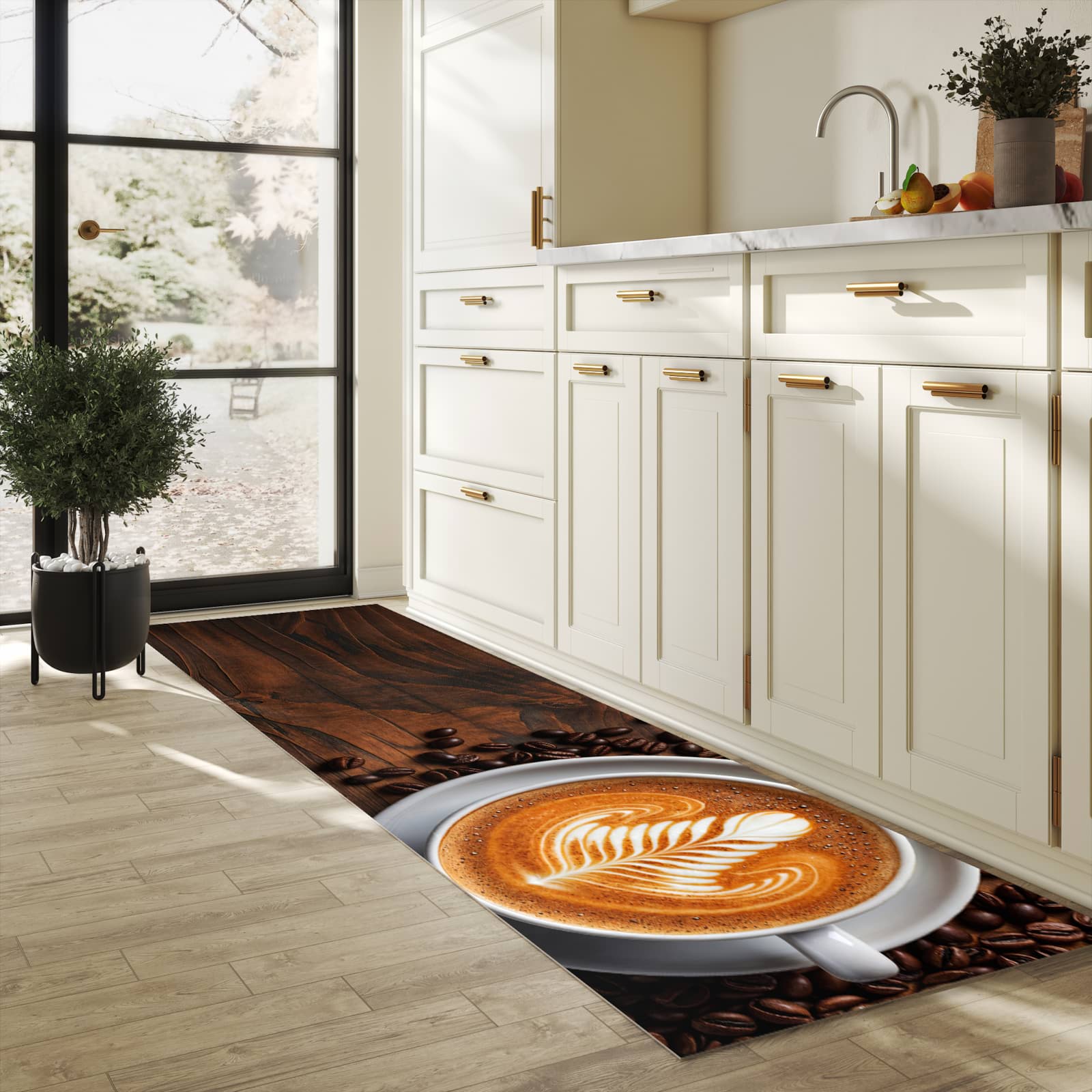 Rutschfester Teppich für Esstisch mit Motiv Stille Kaffeegenuss in heller Küche