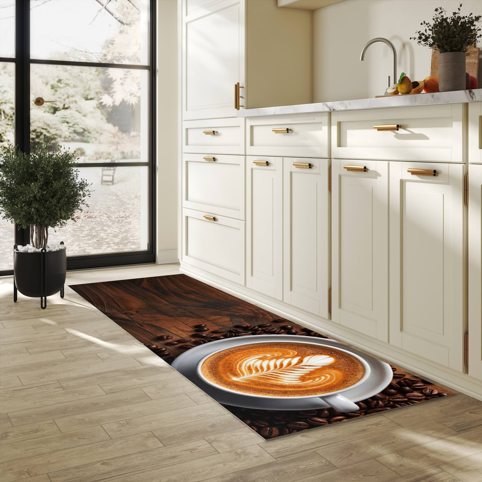 Pflegeleichter dünner Küchenteppich mit Motiv Stille Kaffeegenuss in heller Küche