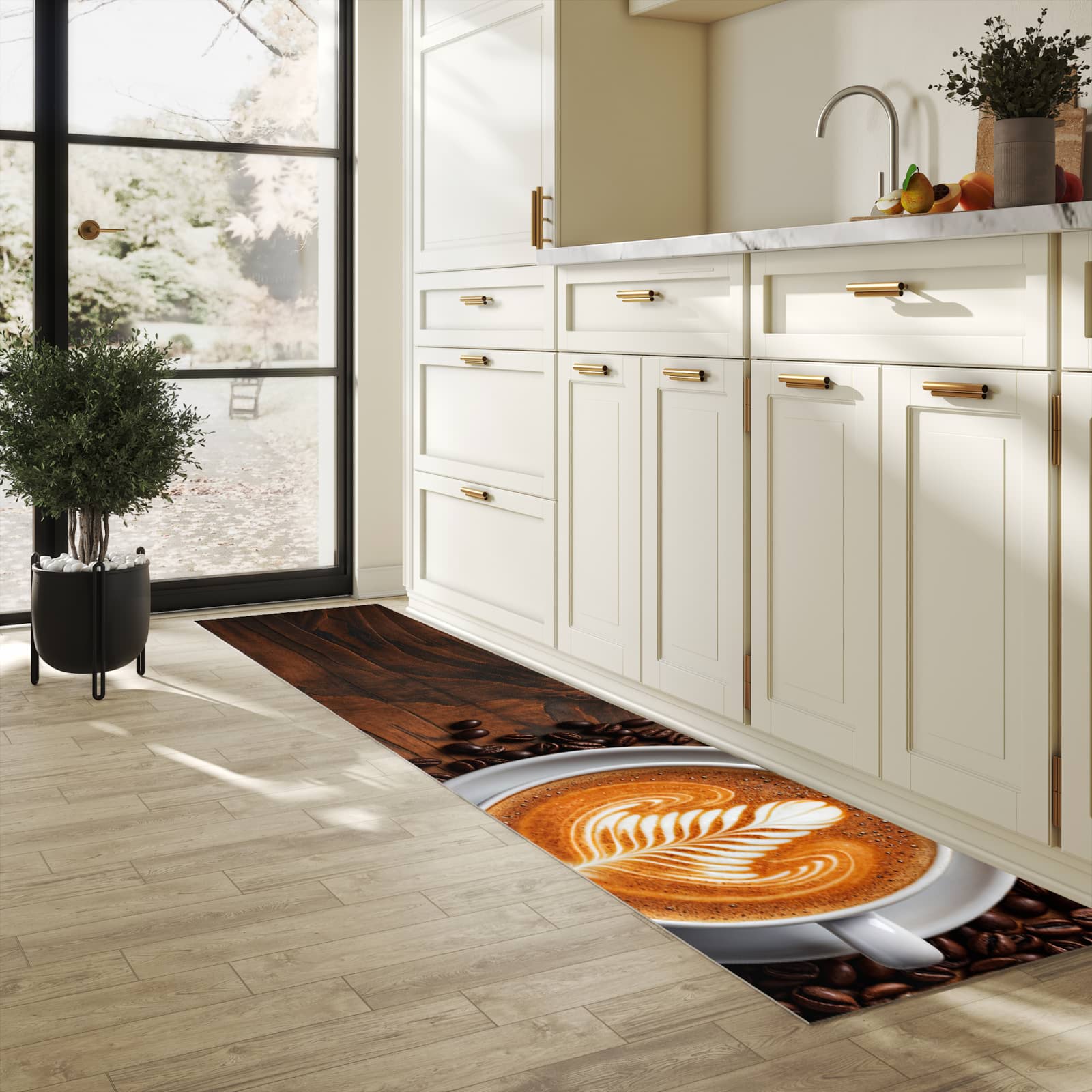 Geruchsneutraler rutschfester Läufer mit Motiv Stille Kaffeegenuss in heller Küche