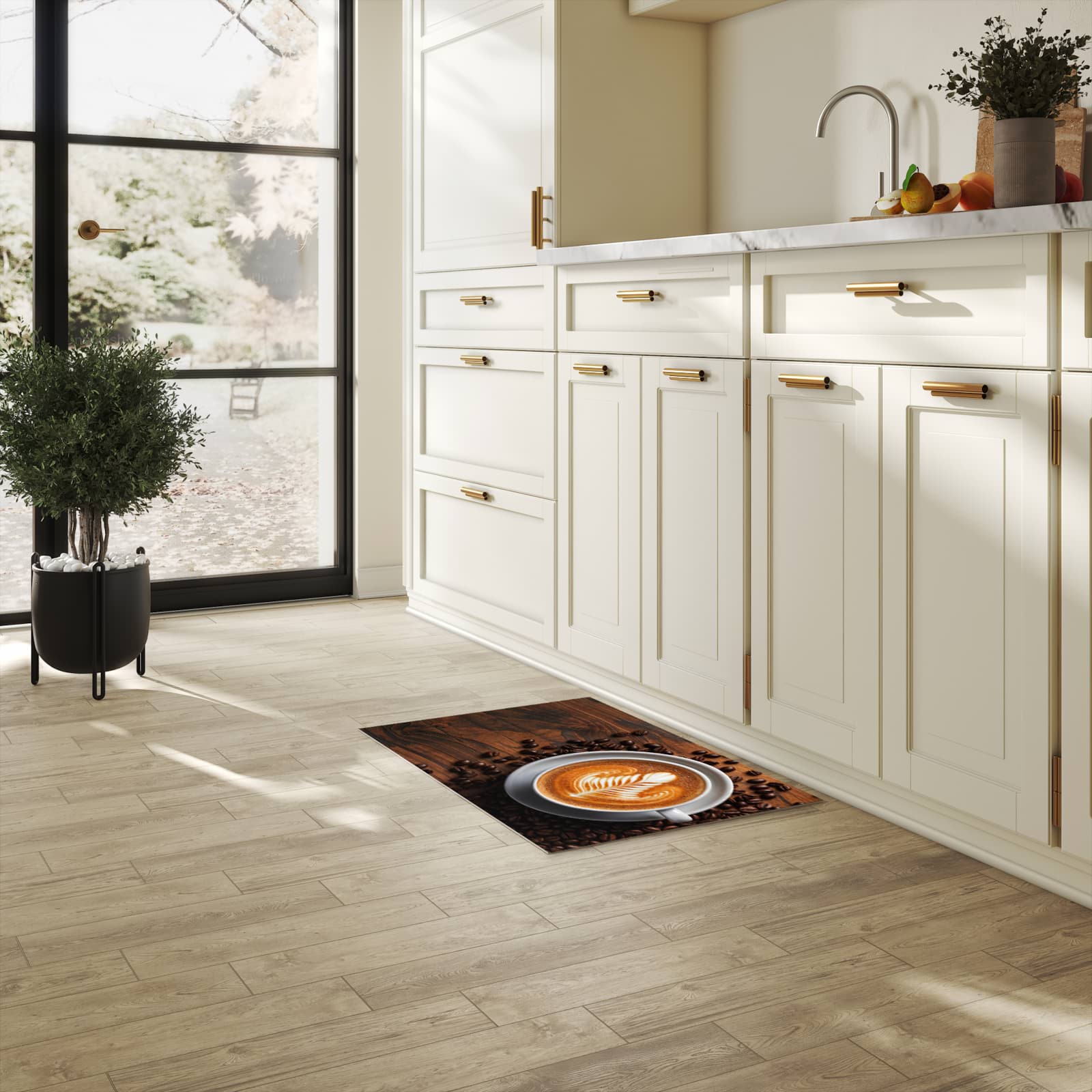 Langlebiger dünner Küchenteppich mit Motiv Stille Kaffeegenuss in heller Küche