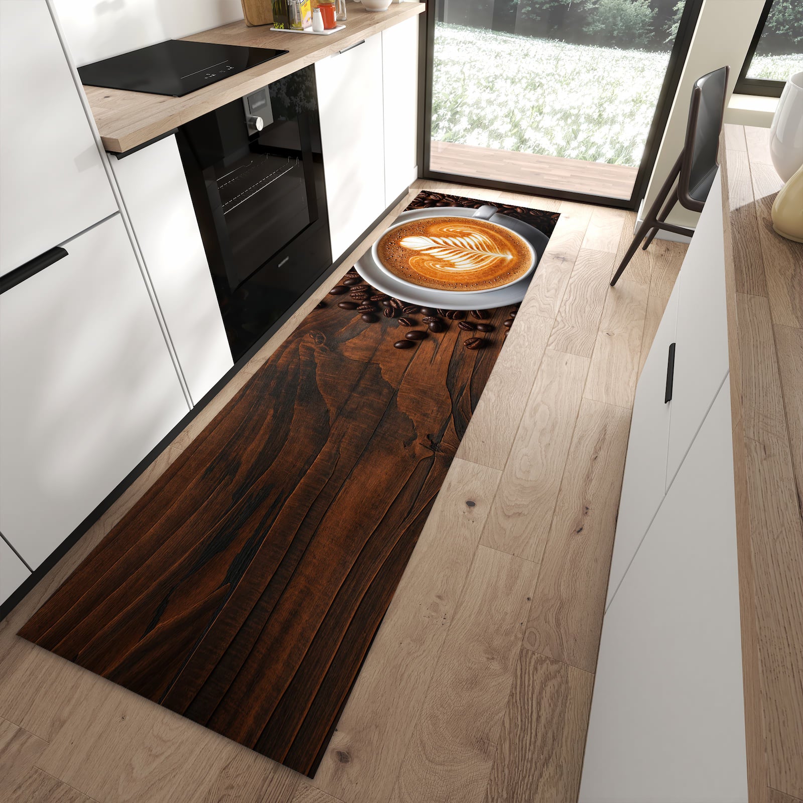 Waschbarer Küchenläufer mit Motiv Stille Kaffeegenuss in moderner Küche