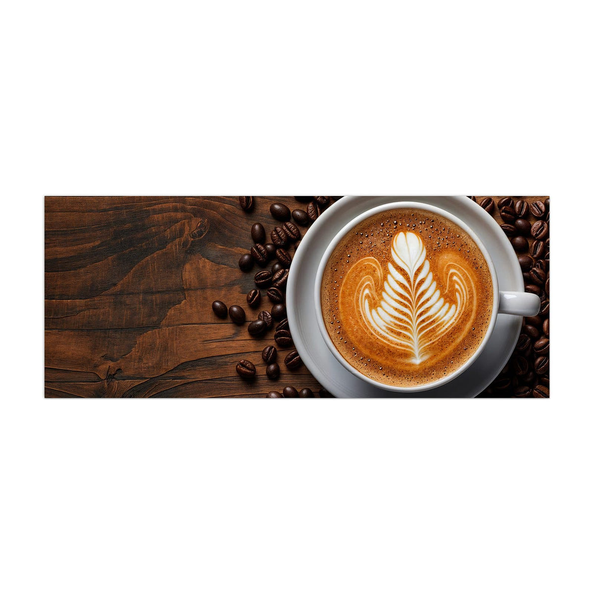 Küchenrückwand aus Glas Kaffee mit Latte Art im Hochformat, Motiv bildfüllend von vorn