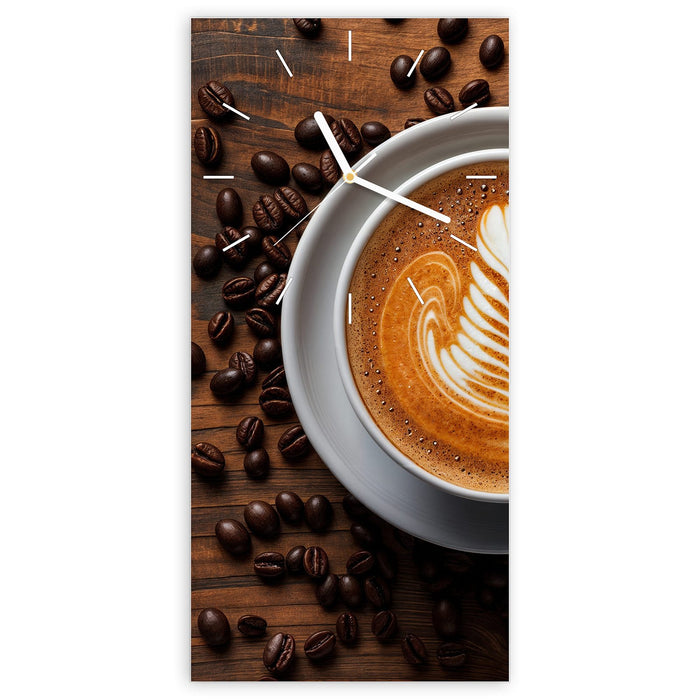 Wanduhr Stille Kaffeegenuss aus Glas – Hochformat 30 × 60 cm mit Ziffernblatt Linie