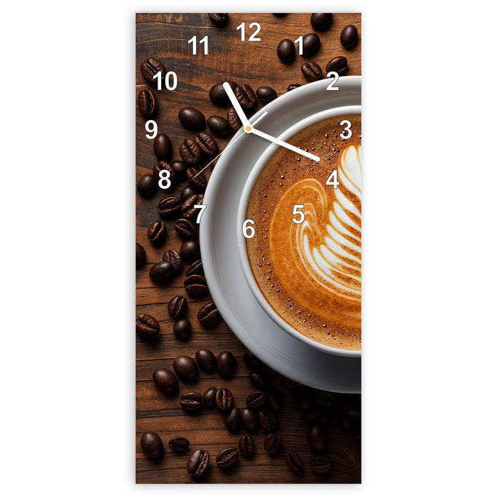 Wanduhr Stille Kaffeegenuss aus Glas – Hochformat 30 × 60 cm mit Ziffernblatt Modern