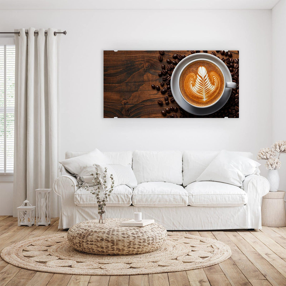 Wandbild - Kaffee mit Latte Art - Querformat – Latte-Art-Blatt auf dunklem Holz