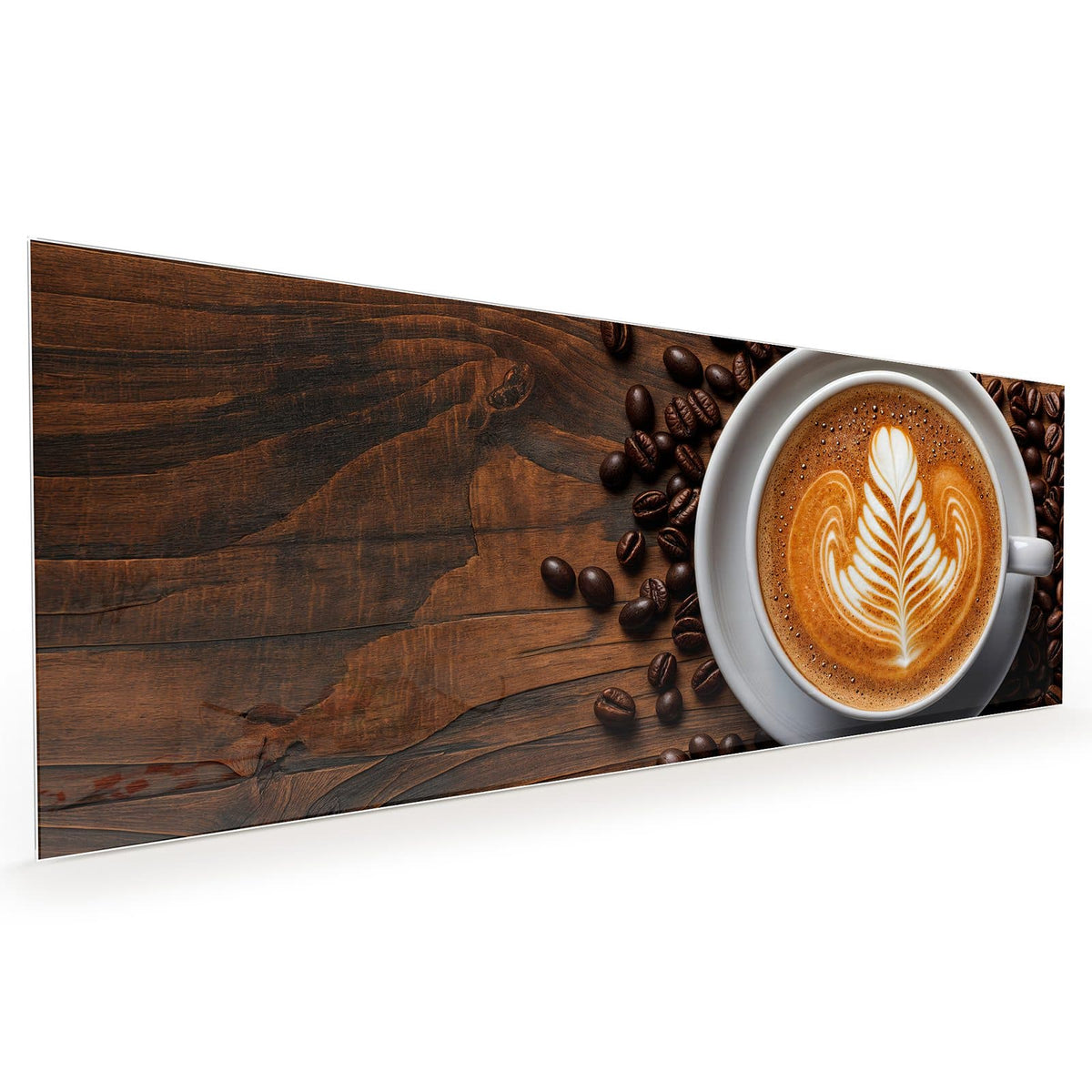 Küchenrückwand aus Glas im Hochformat: Tasse von oben mit blattförmiger Latte Art, ringsum Kaffeebohnen auf dunklem Holz #grösse_40 x 100 cm #grösse_50 x 125 cm #grösse_60 x 150 cm
