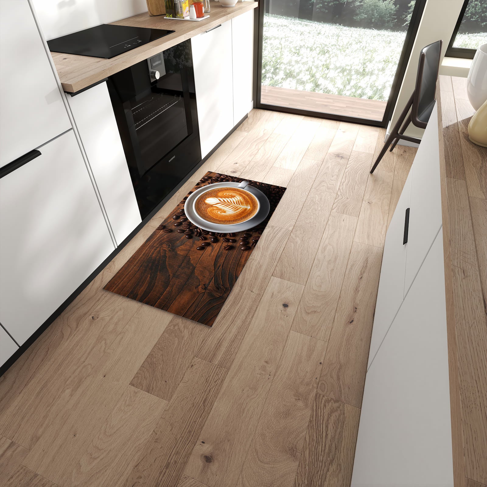 Langlebiger Küchenteppich mit Motiv Stille Kaffeegenuss in moderner Küche #grösse_60 x 120 cm