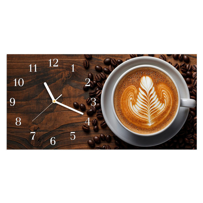 Wanduhr Stille Kaffeegenuss aus Glas – Querformat 60 × 30 cm mit Ziffernblatt Klassisch