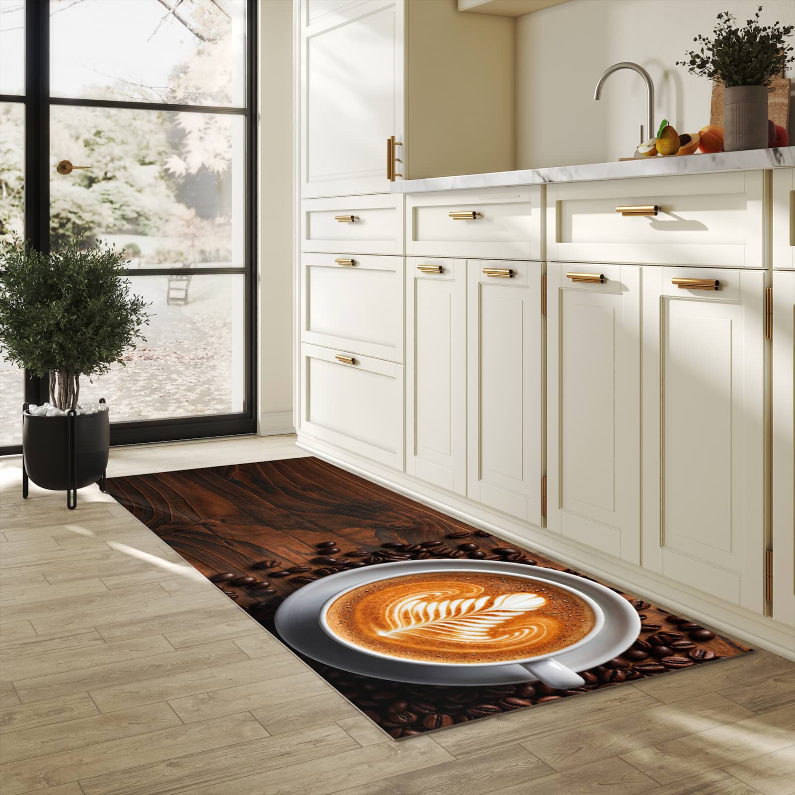 Bodenläufer mit Motiv Stille Kaffeegenuss für angenehme Haptik in heller Küche