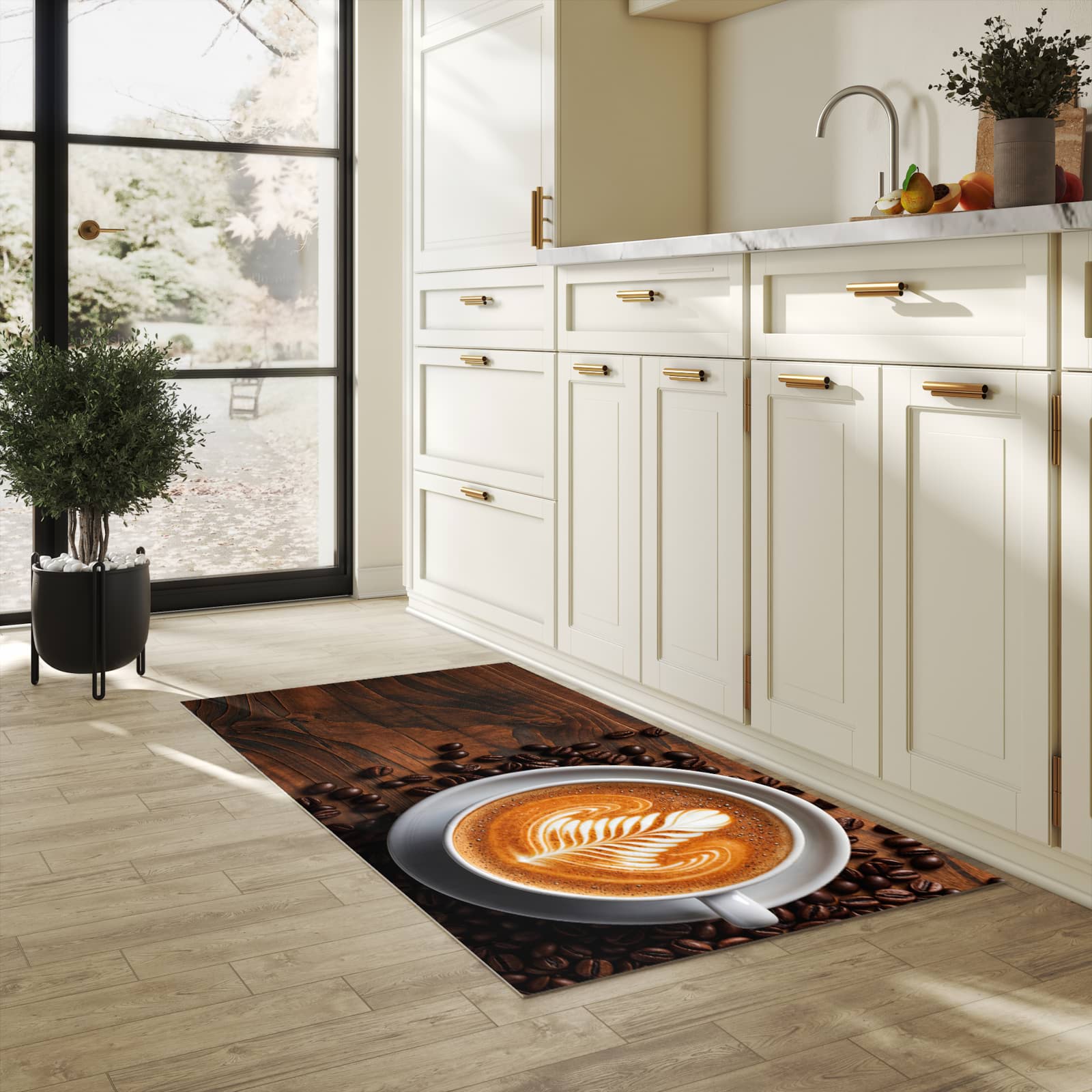 Pflegeleichter rutschfester Küchenteppich mit Motiv Stille Kaffeegenuss in heller Küche