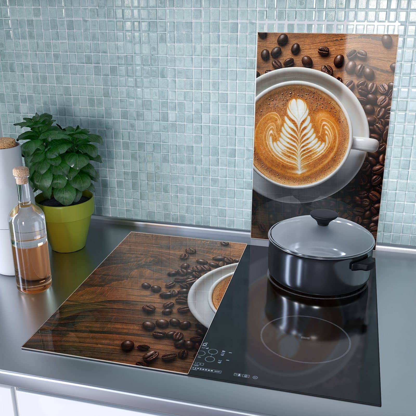 2-teilige Herdabdeckplatte Induktion mit Stille Kaffeegenuss-Motiv als Spritzschutz hinter dem Kochfeld