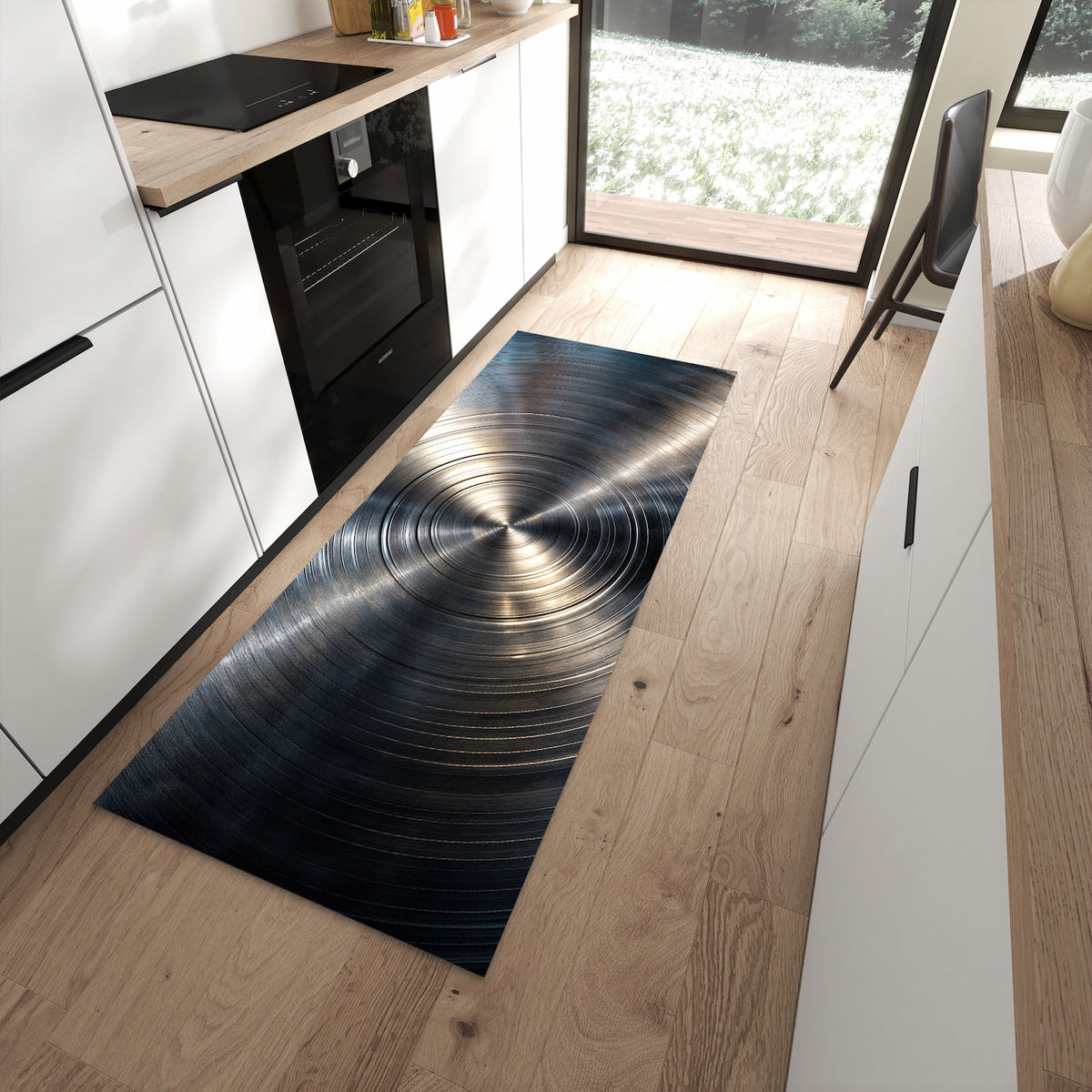 UV-beständiger waschbarer Teppich für Esstisch mit Motiv Metallkreise in moderner Küche