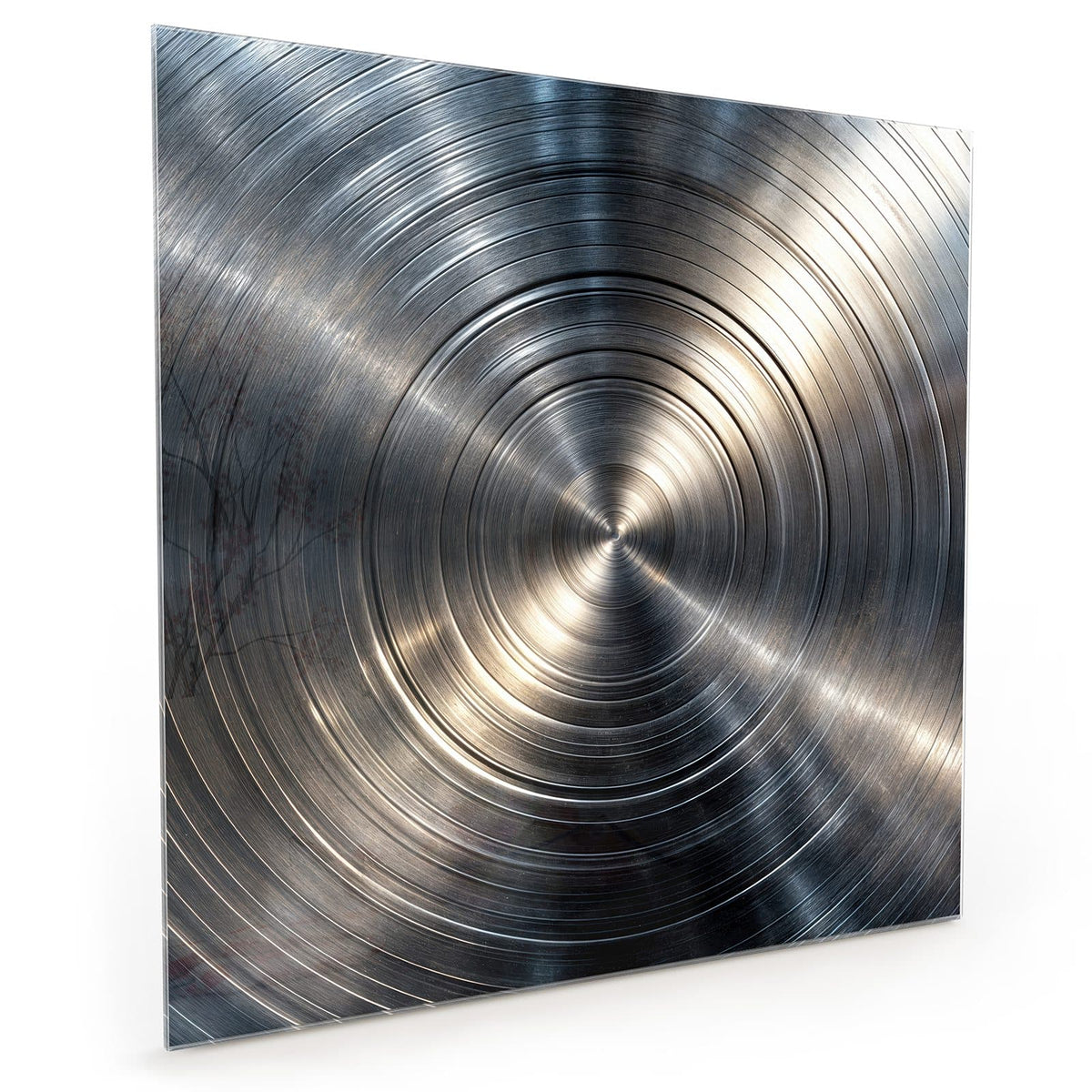 Küchenrückwand aus Glas im quadratischen Format mit Motiv Konzentrische Kreise: Konzentrische Rillen in gebürstetem Silbermetall mit Lichtkreuz in der Mitte #grösse_40 x 40 cm #grösse_50 x 50 cm #grösse_60 x 60 cm