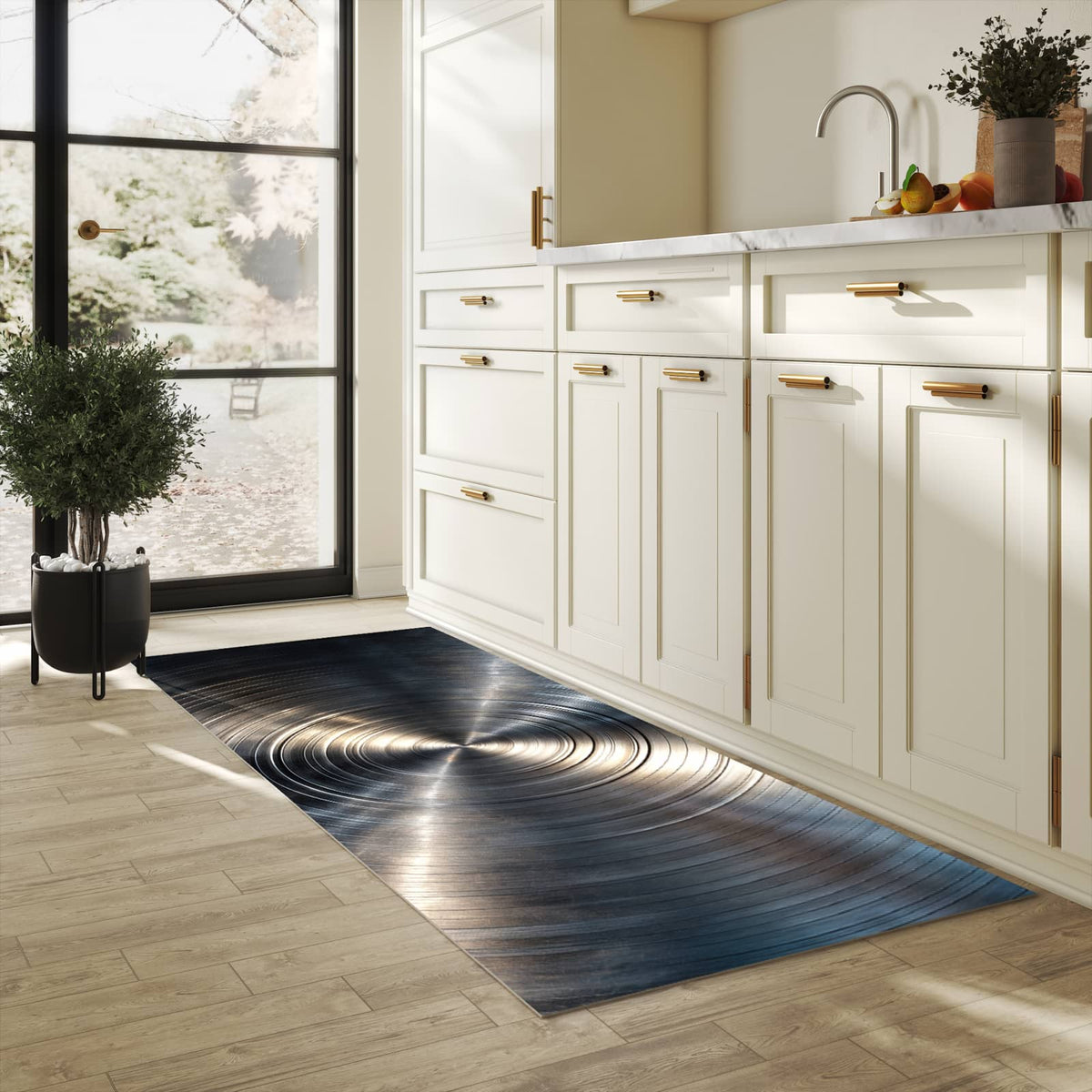 Abriebfester Küchenläufer mit Motiv Metallkreise in heller Küche