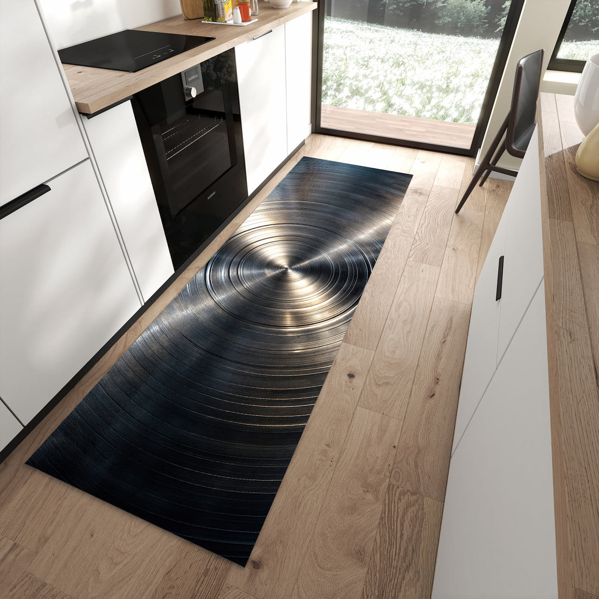 Rutschfester Küchenteppich mit Motiv Metallkreise für Trittkomfort in moderner Küche
