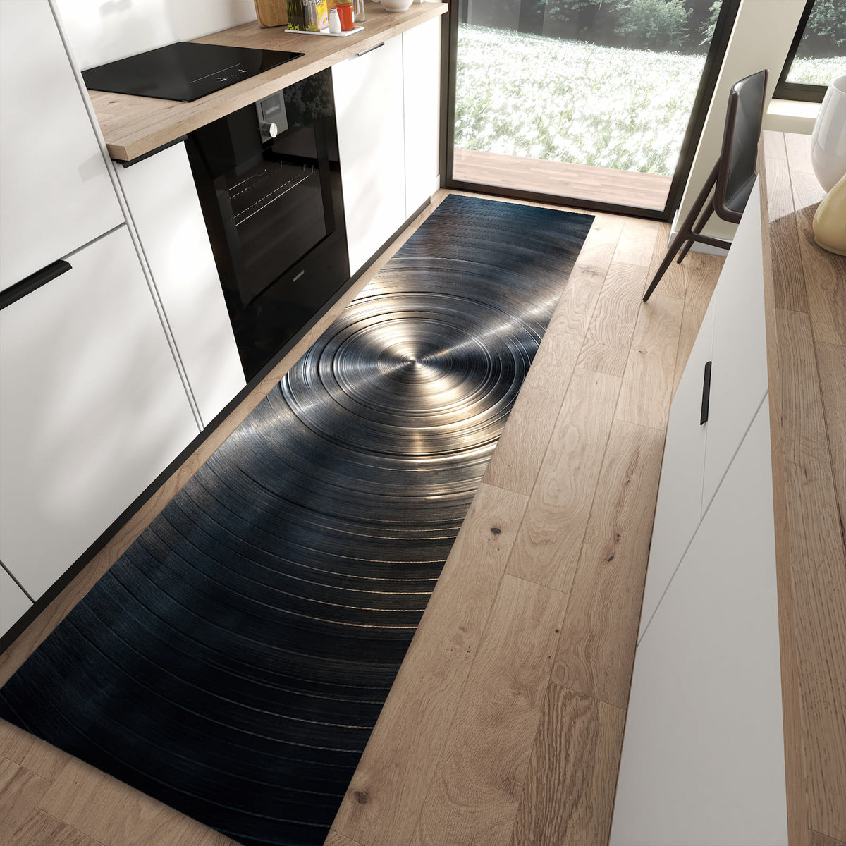 Fleckenresistenter Bodenläufer mit Motiv Metallkreise in moderner Küche