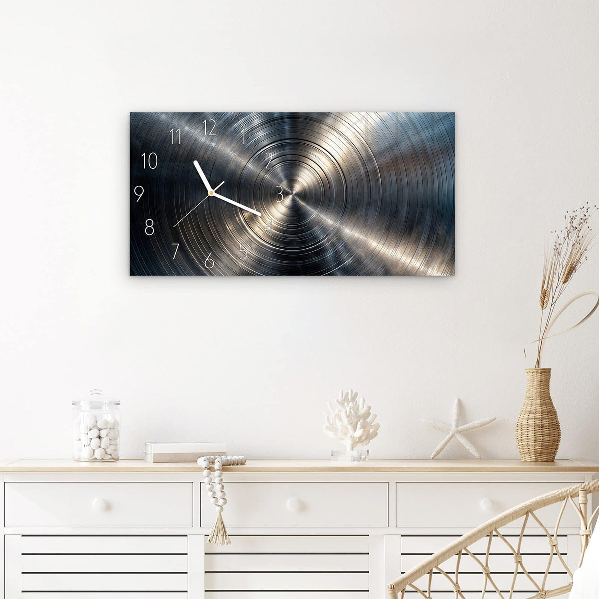 Wanduhr Metallkreise aus Glas – Querformat 60 × 30 cm – Konzentrische Kreise in Silber