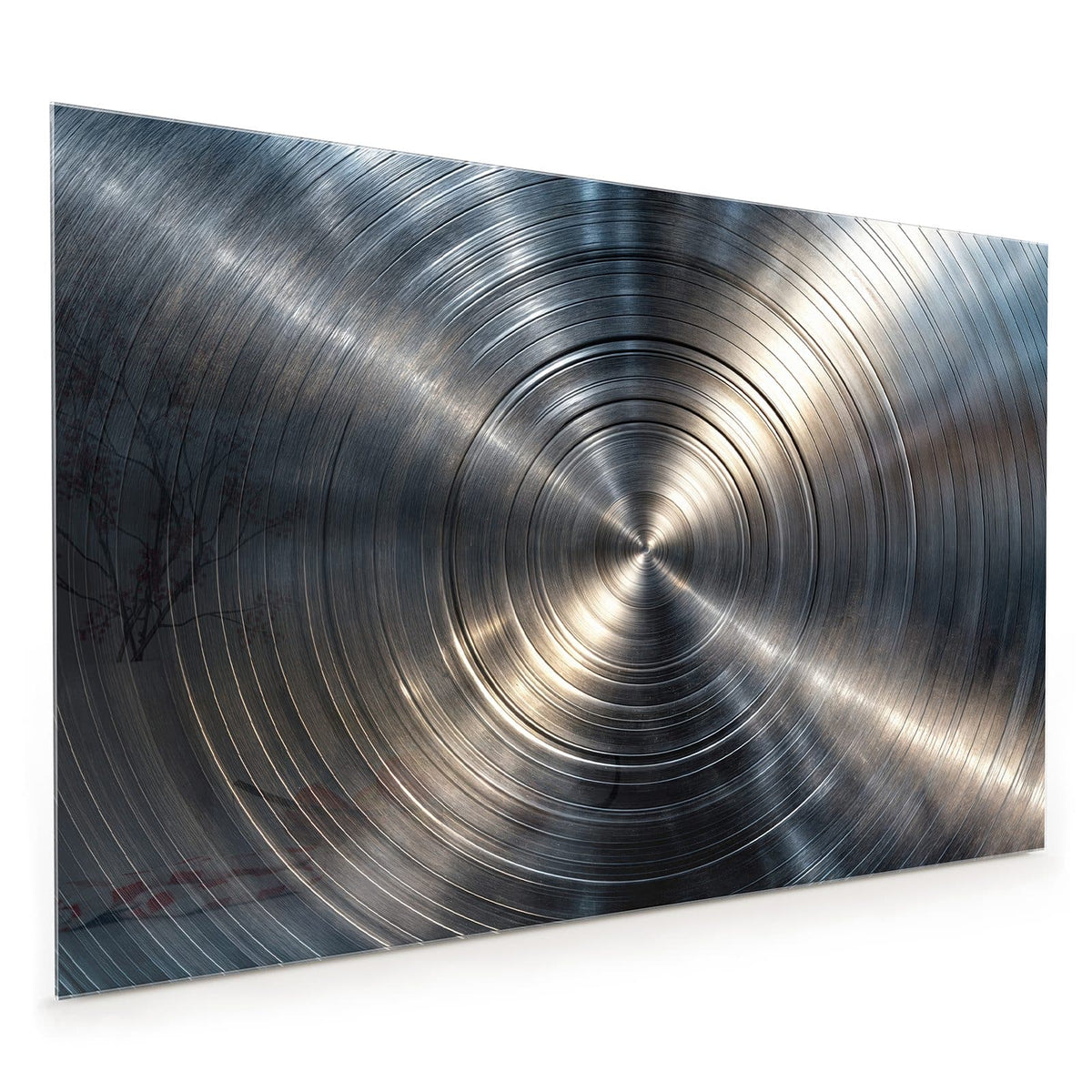 Küchenrückwand aus Glas im Hochformat mit Motiv Konzentrische Kreise: Konzentrische Rillen in gebürstetem Silbermetall mit Lichtkreuz in der Mitte