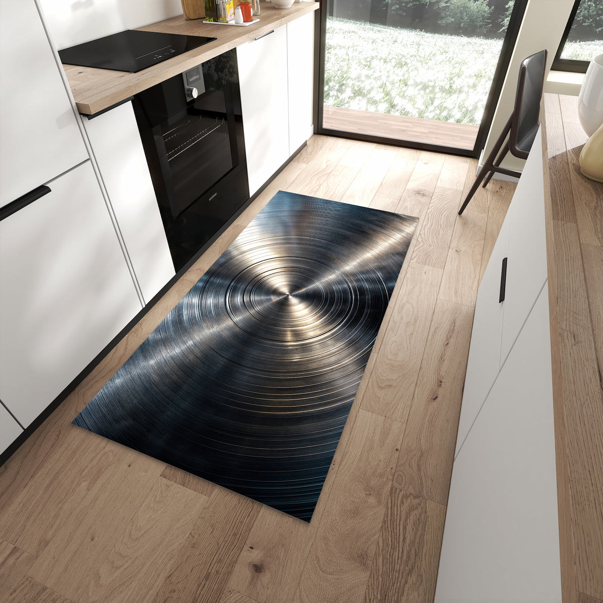 Schmutzabweisender Küchenteppich mit Motiv Metallkreise in moderner Küche